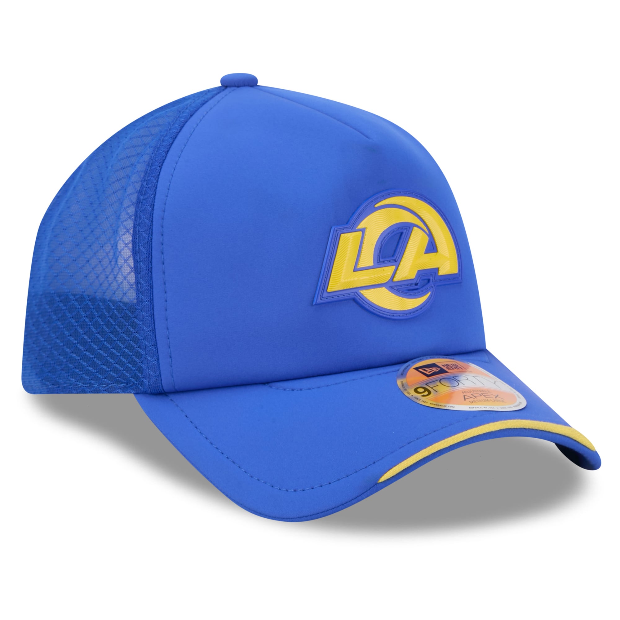 Men's New Era Royal Los Angeles Rams 2026 Sideline Apex 9FORTY Adjustable Trucker Hat