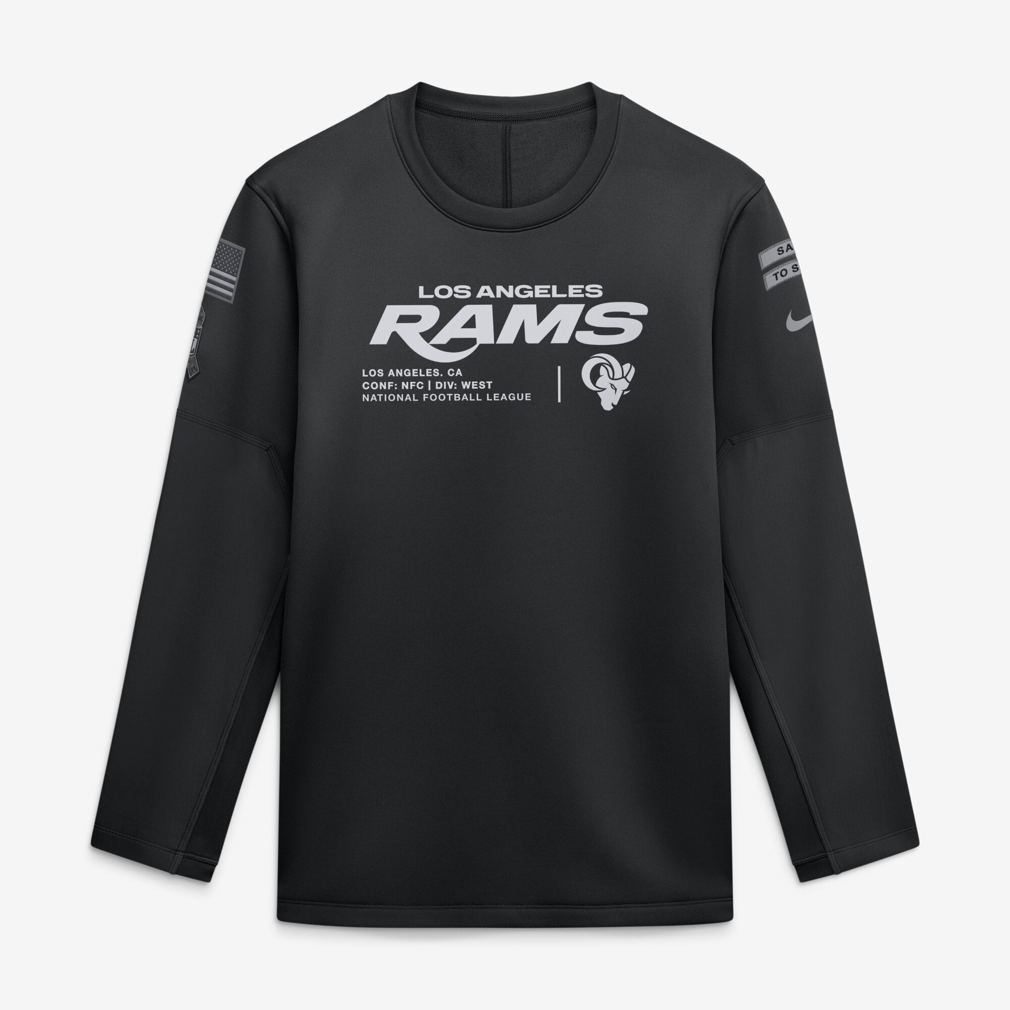 Sweat-shirt Nike noir pour homme Los Angeles Rams 2026 Salute to Service Sideline Coaches à col rond et coupe Therma-FIT