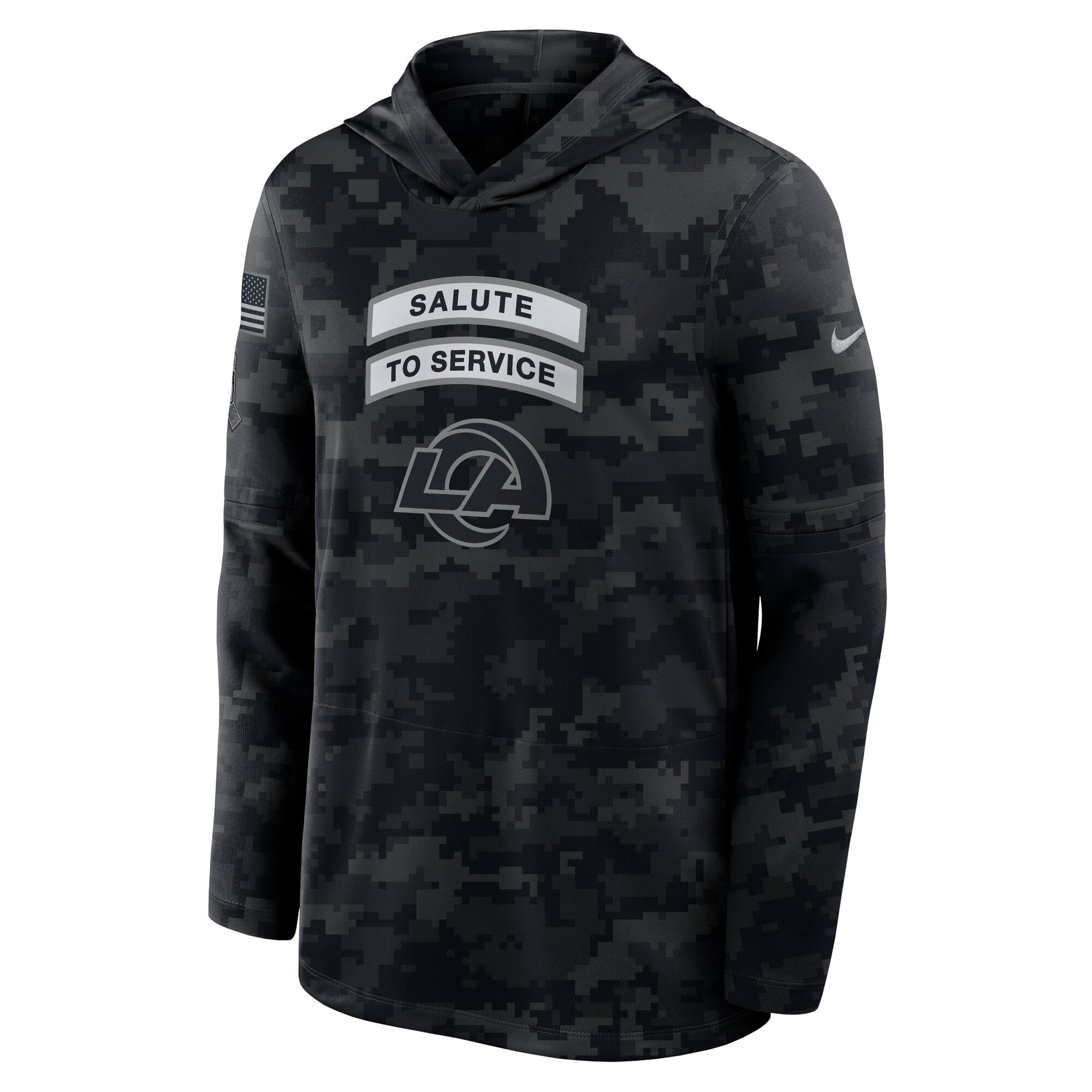 T-shirt à manches longues et capuche léger Nike pour homme, Los Angeles Rams 2026 Salute to Service, noir, collection Sideline, avec technologie Dri-FIT.