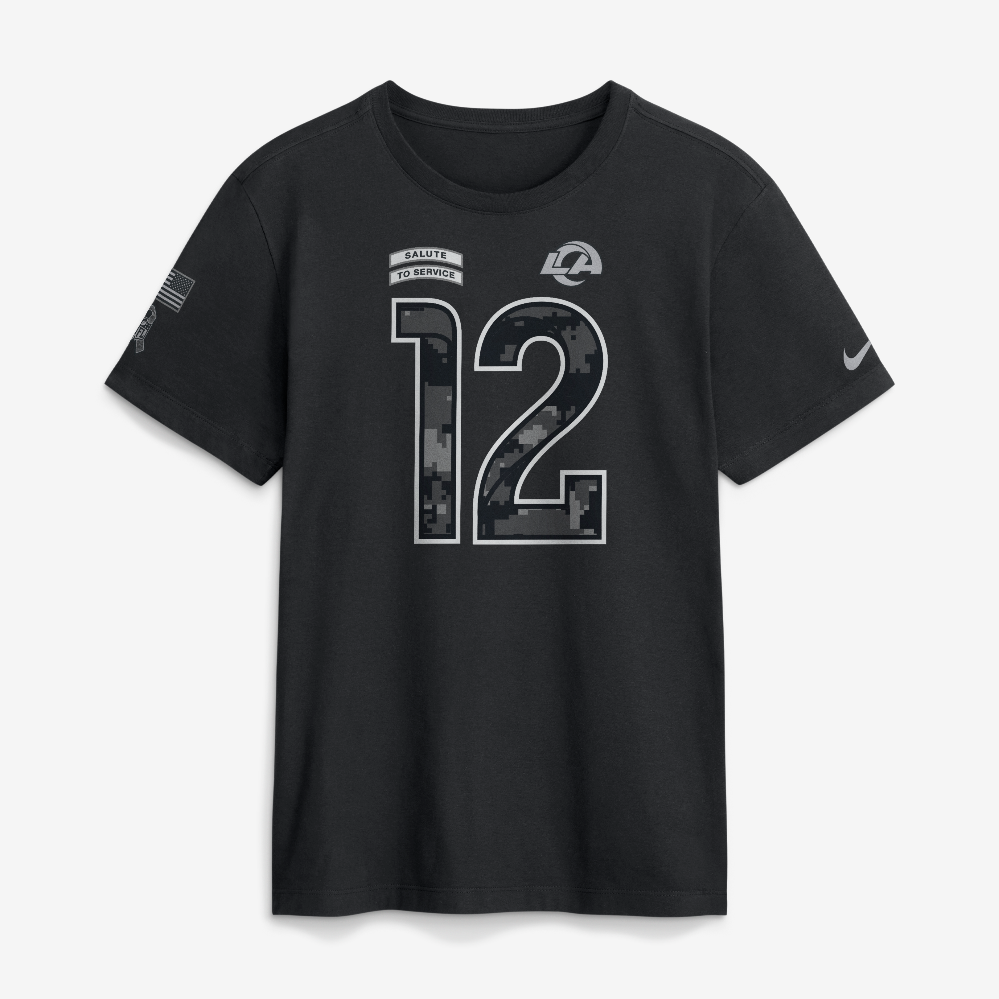 T-shirt Nike Puka Nacua noir pour homme, Los Angeles Rams 2026 Salute to Service, nom et numéro