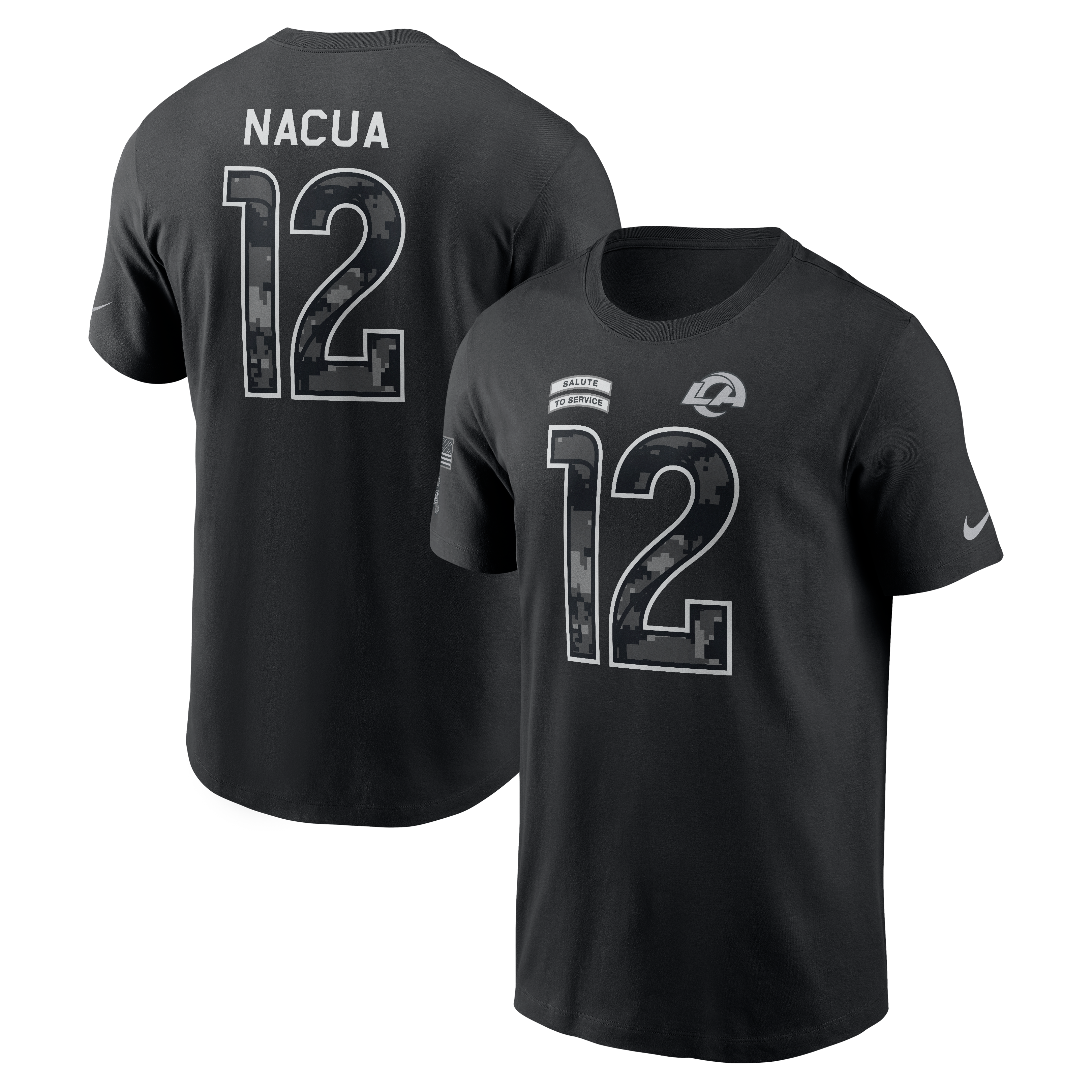T-shirt Nike Puka Nacua noir pour homme, Los Angeles Rams 2026 Salute to Service, nom et numéro