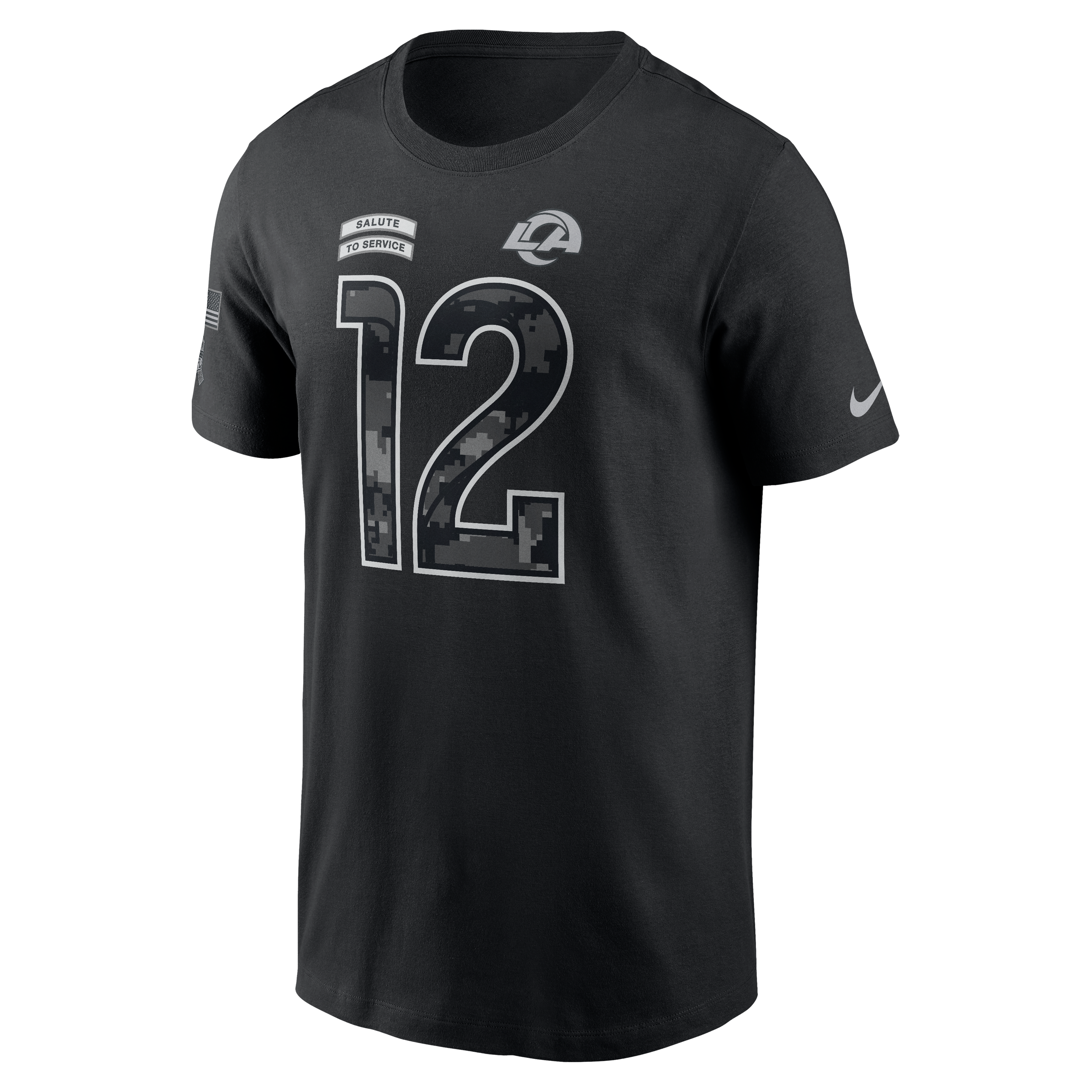 T-shirt Nike Puka Nacua noir pour homme, Los Angeles Rams 2026 Salute to Service, nom et numéro