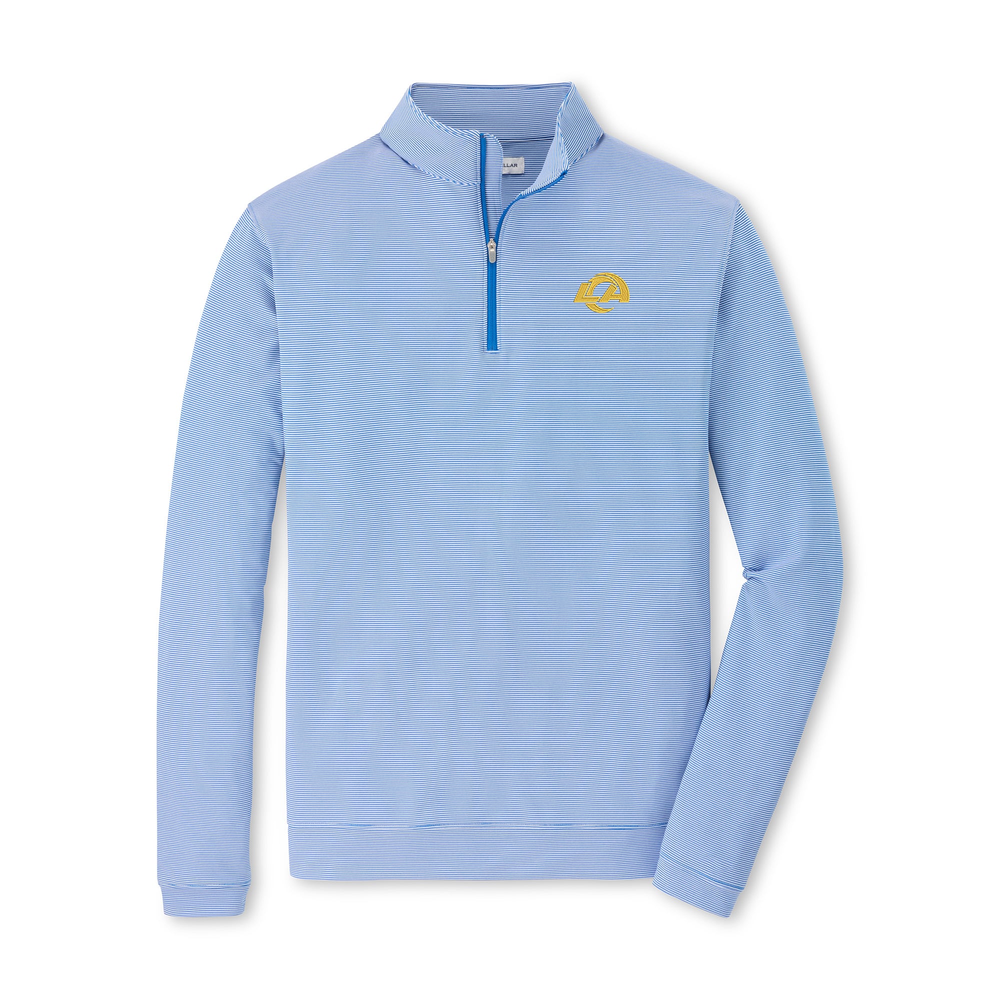 Pull à col zippé Peter Millar pour homme, bleu roi et blanc, Los Angeles Rams, Perth Sugar Stripe Performance.