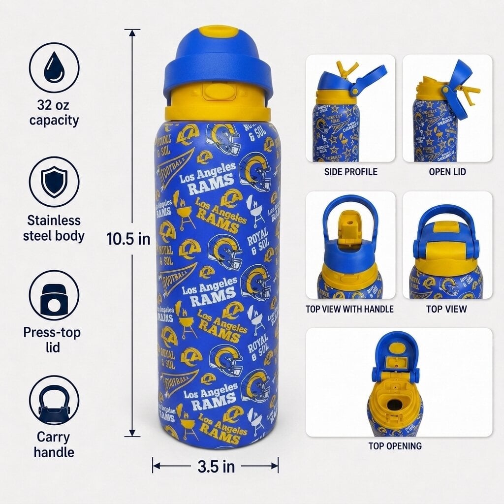 Pegasus Los Angeles Rams 32oz. Game Day Pennant Stainless Steel ProPress Water Bottle