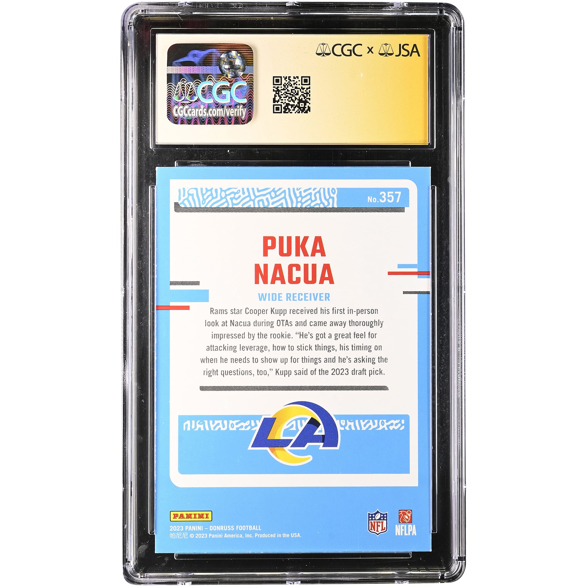 Carte de recrue autographiée de Puka Nacua (Los Angeles Rams), Panini Donruss 2023 n° 357