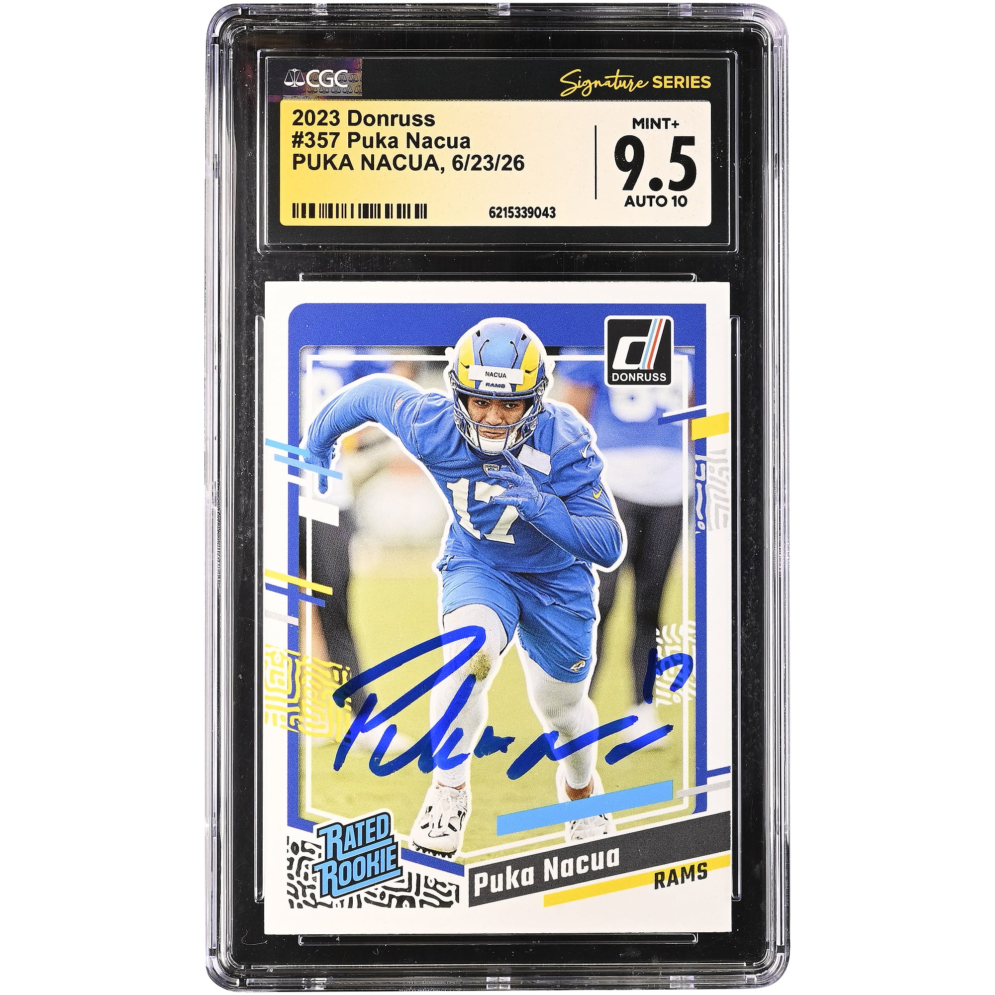 Carte recrue autographiée de Puka Nacua (Los Angeles Rams), Panini Donruss 2023 n° 357, authentifiée CGC Fanatics Witnessed, note 9,5/10