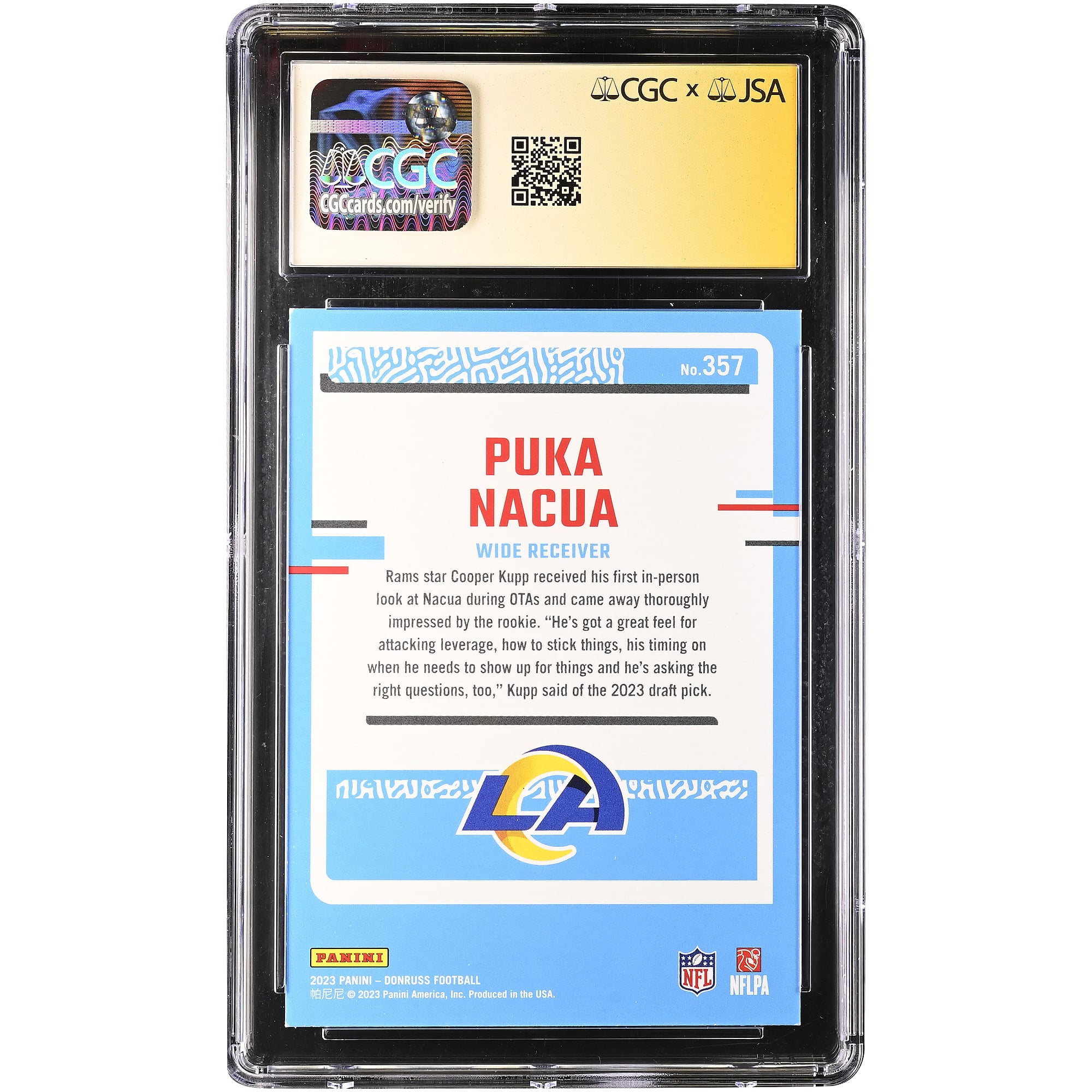 Puka Nacua Los Angeles Rams Autographed 2023 Panini Donruss #357 CGC Fanatics Witnessed Authenticated Auto 10 Rookie Card