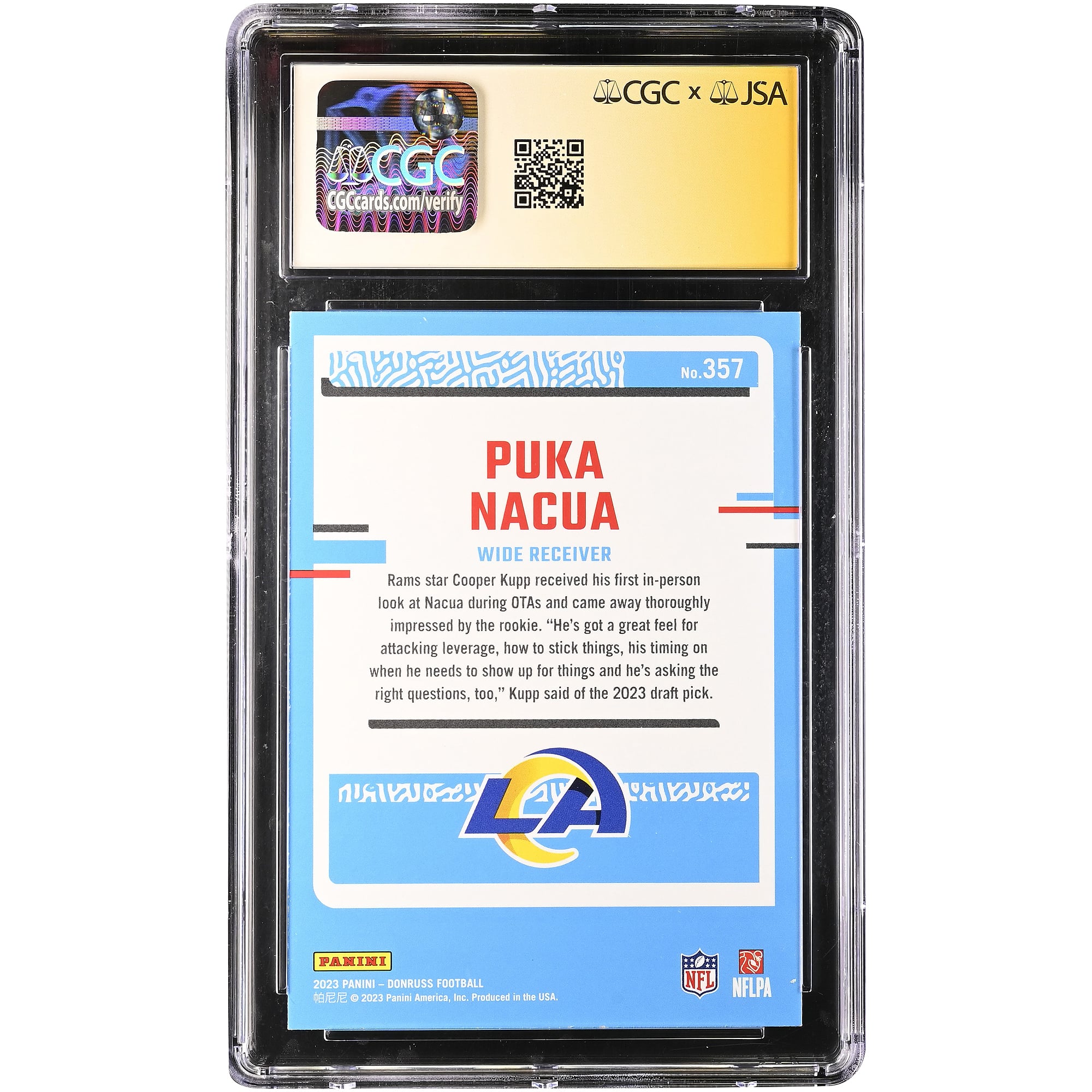 Puka Nacua Los Angeles Rams Autographed 2023 Panini Donruss #357 CGC Fanatics Witnessed Authenticated MINT+ 9.5 Rookie Card