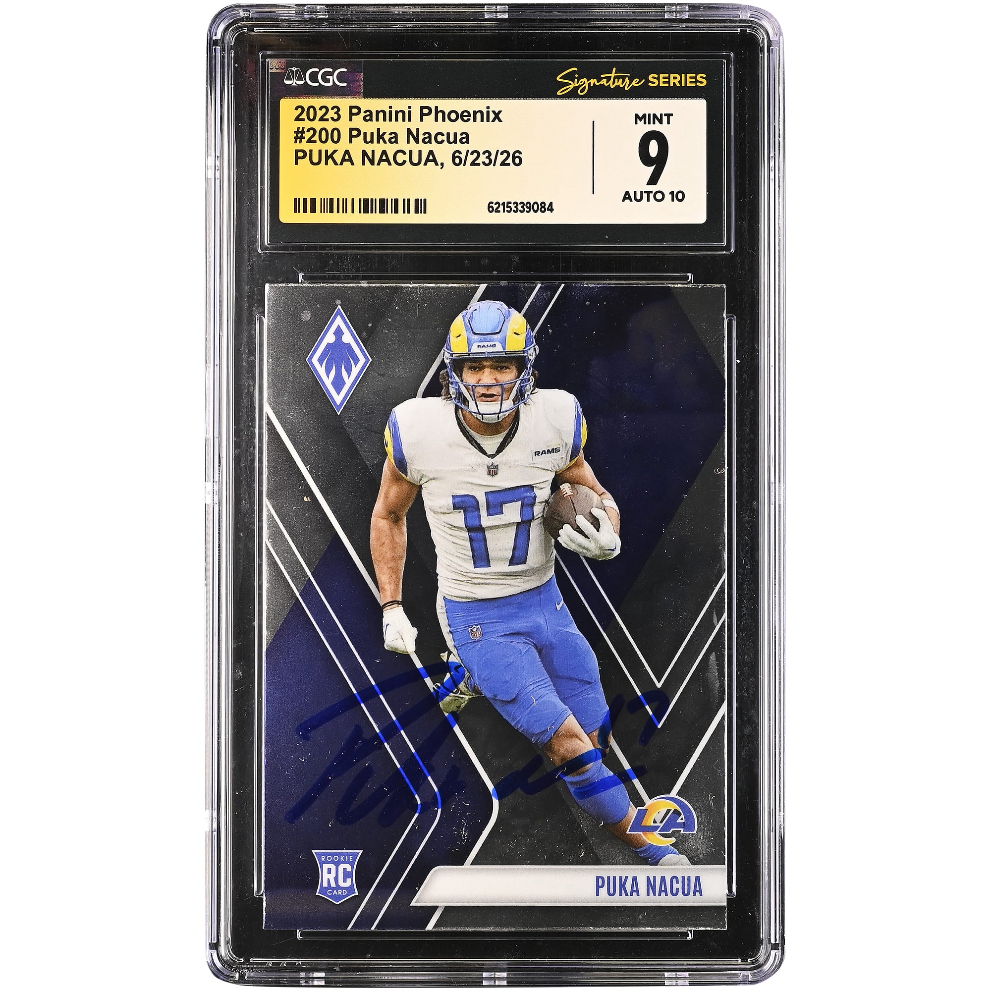 Carte de recrue autographiée de Puka Nacua (Los Angeles Rams), Panini Phoenix 2023 n° 200, authentifiée CGC Fanatics Witnessed (9/10).