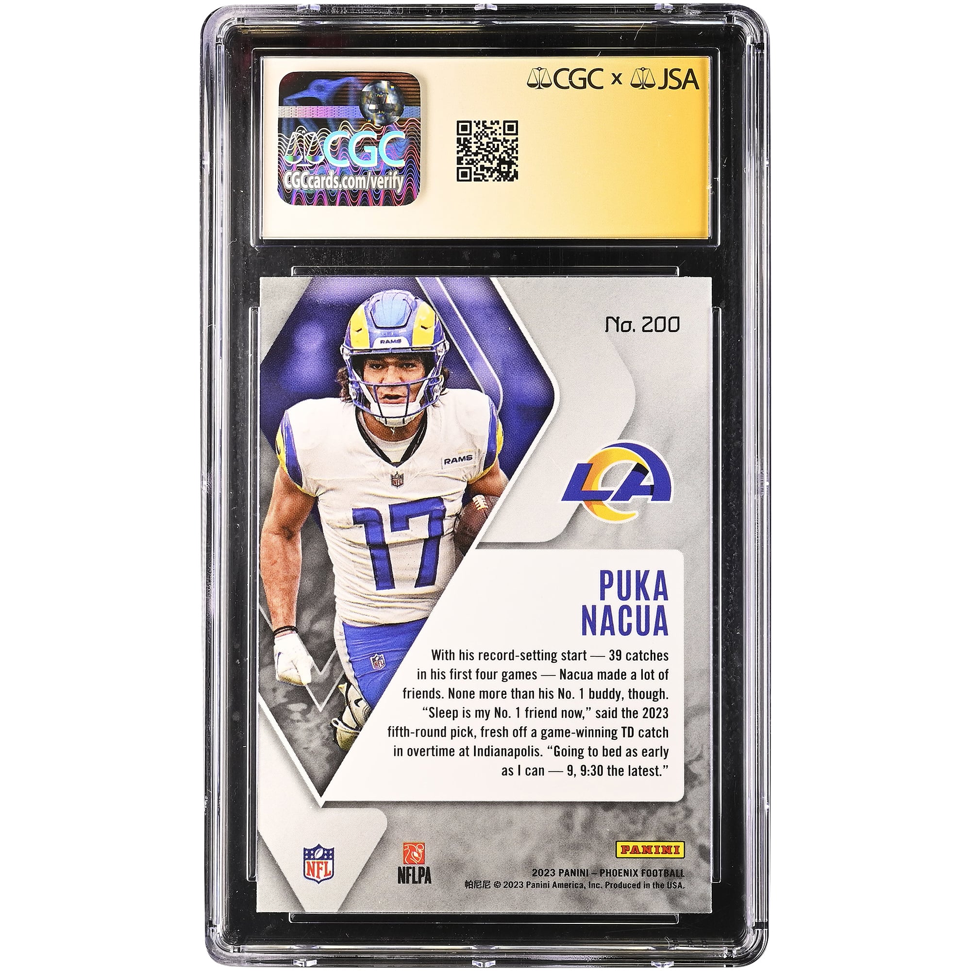 Carte de recrue autographiée de Puka Nacua (Los Angeles Rams), Panini Phoenix 2023 n° 200, authentifiée CGC Fanatics Witnessed (9/10).