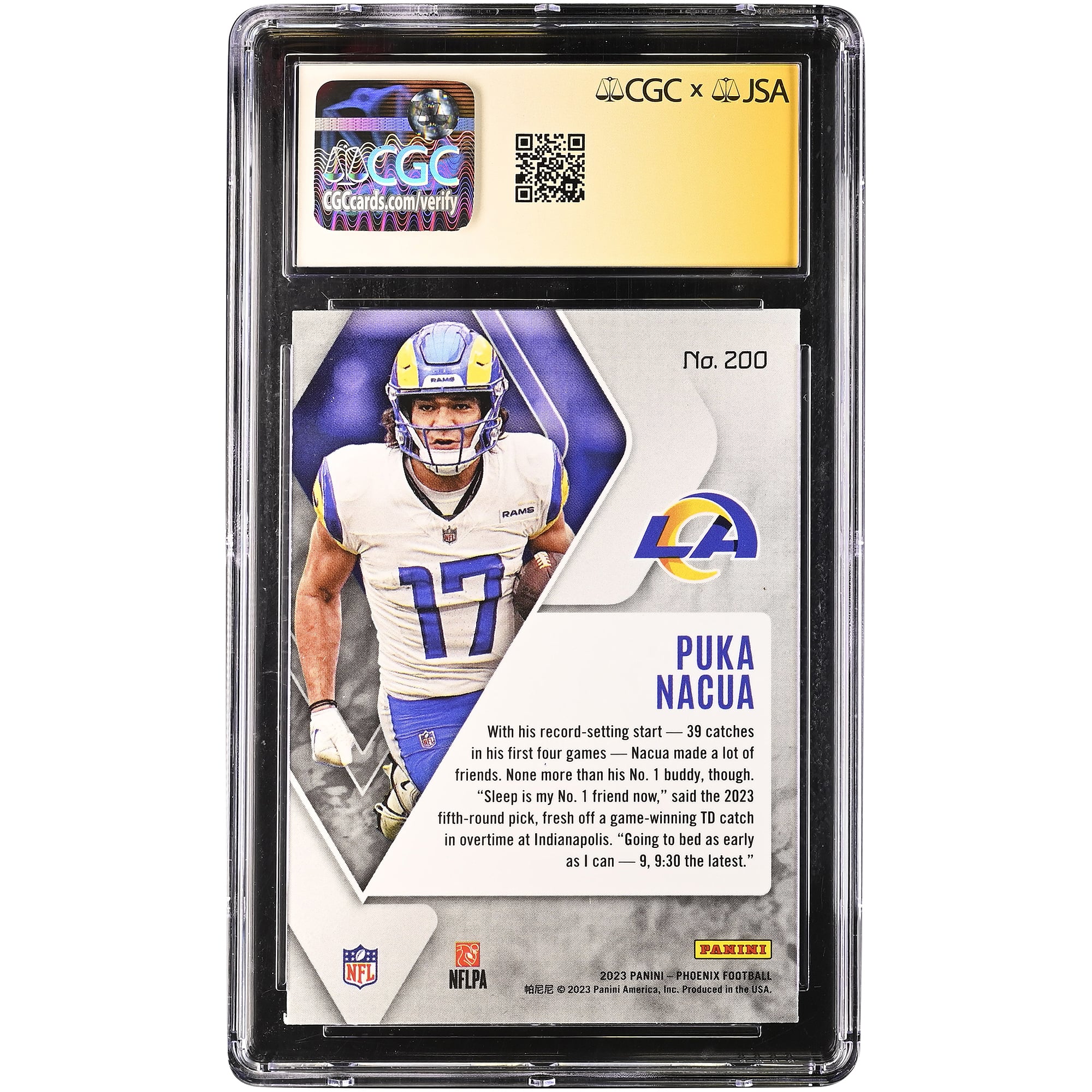 Carte de recrue autographiée Puka Nacua des Rams de Los Angeles, Panini Phoenix 2023 n° 200, certifiée CGC Fanatics Witnessed Auto 10
