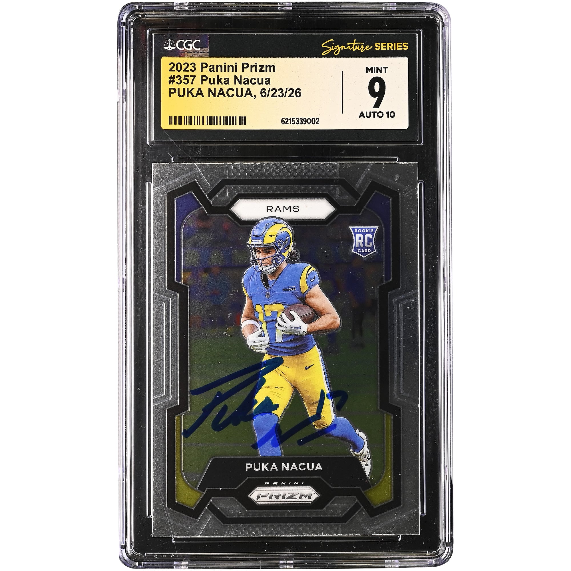 Carte recrue autographiée de Puka Nacua (Los Angeles Rams), Panini Prizm 2023 n° 357, authentifiée CGC Fanatics Witnessed (9/10).