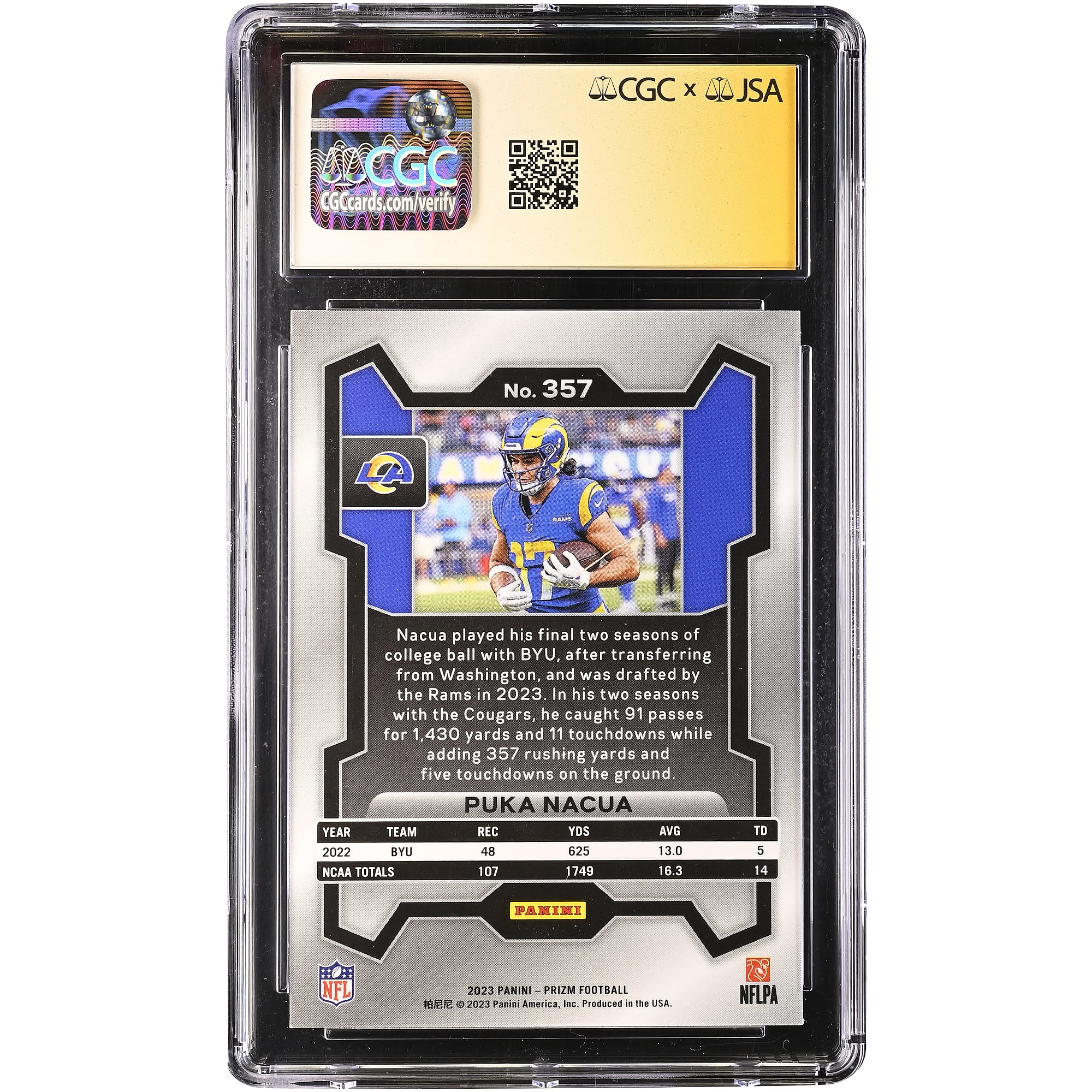 Carte recrue autographiée de Puka Nacua (Los Angeles Rams), Panini Prizm 2023 n° 357, authentifiée CGC Fanatics Witnessed (9/10).