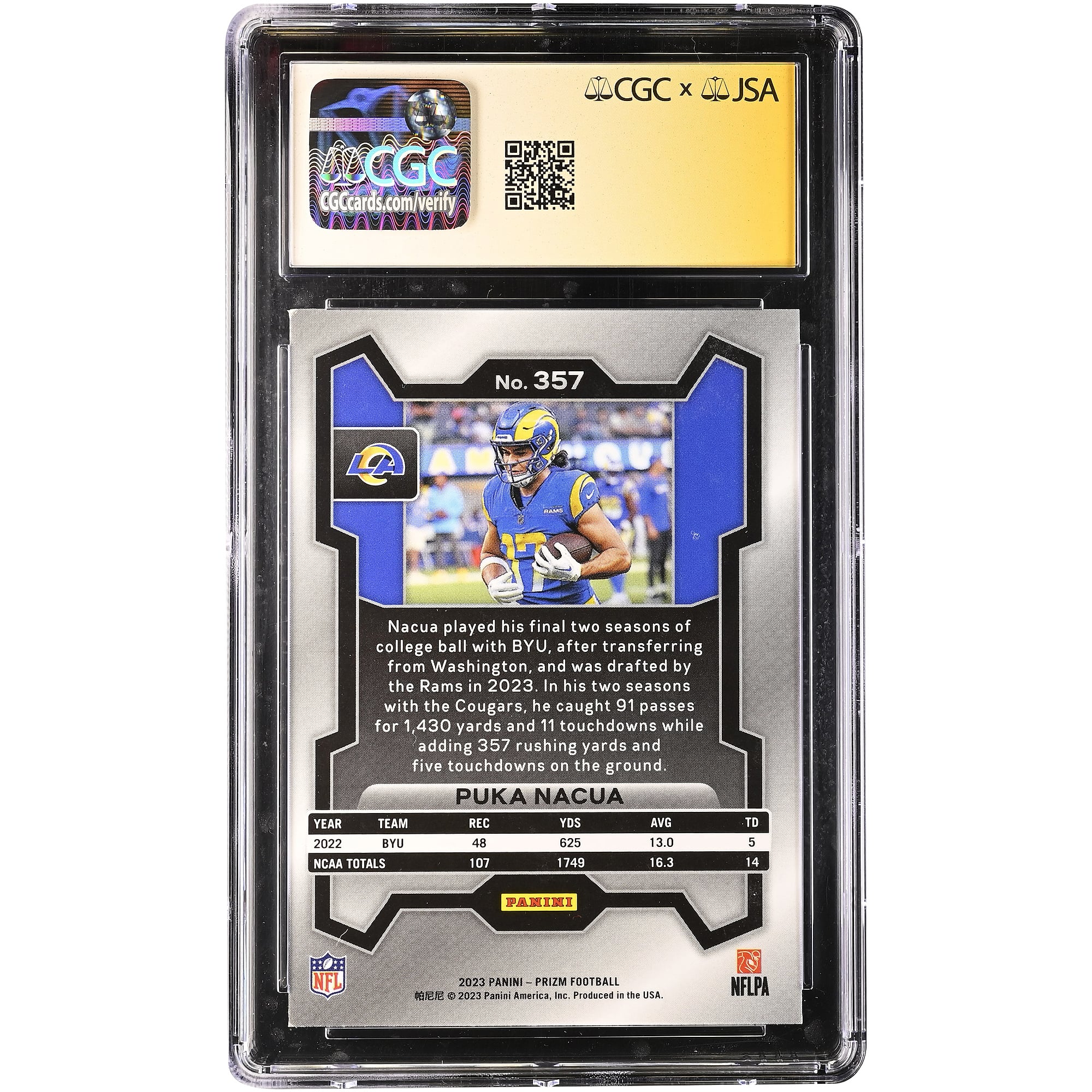 Carte recrue autographiée de Puka Nacua (Los Angeles Rams), Panini Prizm 2023 n° 357, authentifiée par CGC Fanatics Witnessed (note 9,5/10).