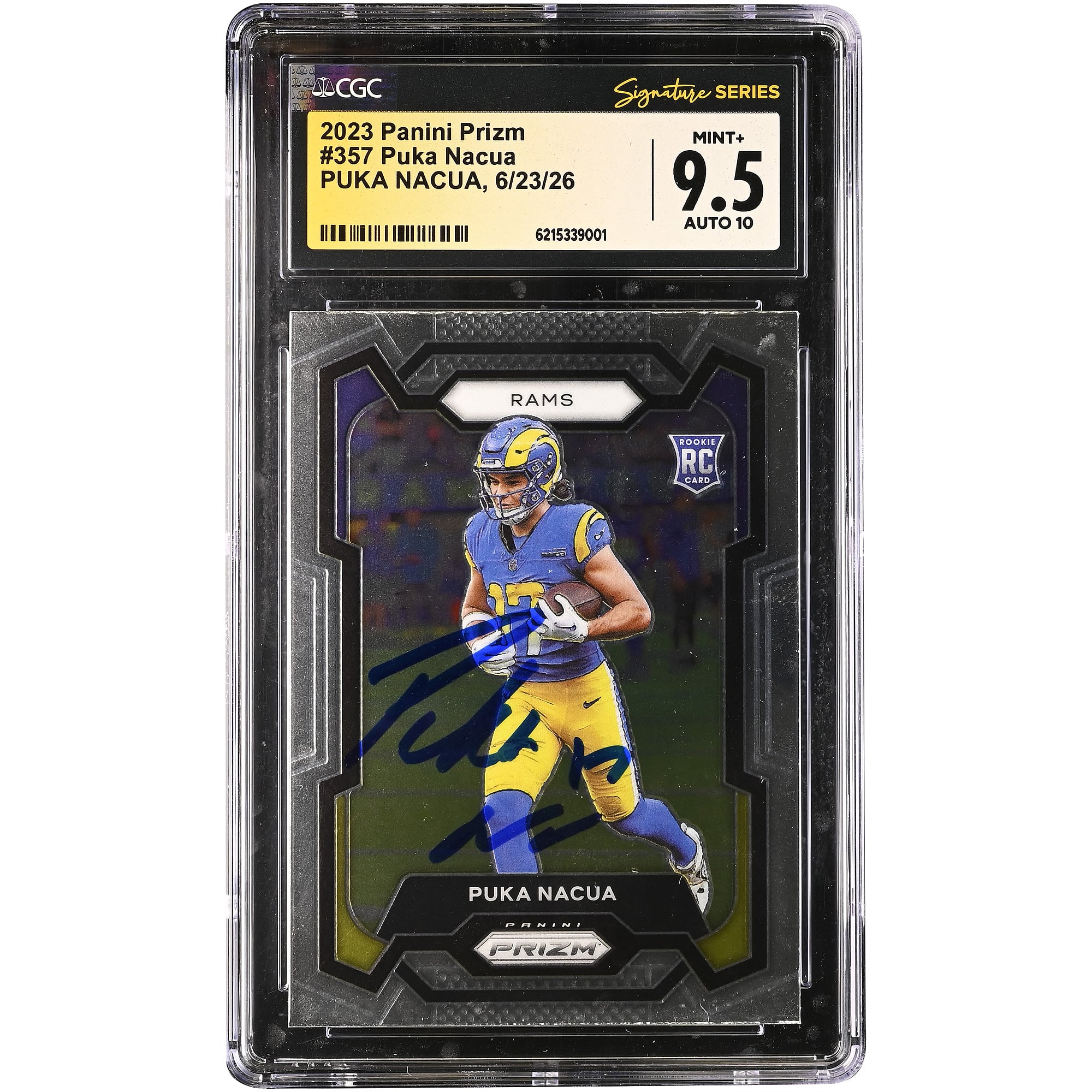 Carte recrue autographiée de Puka Nacua (Los Angeles Rams), Panini Prizm 2023 n° 357, authentifiée par CGC Fanatics Witnessed (note 9,5/10).