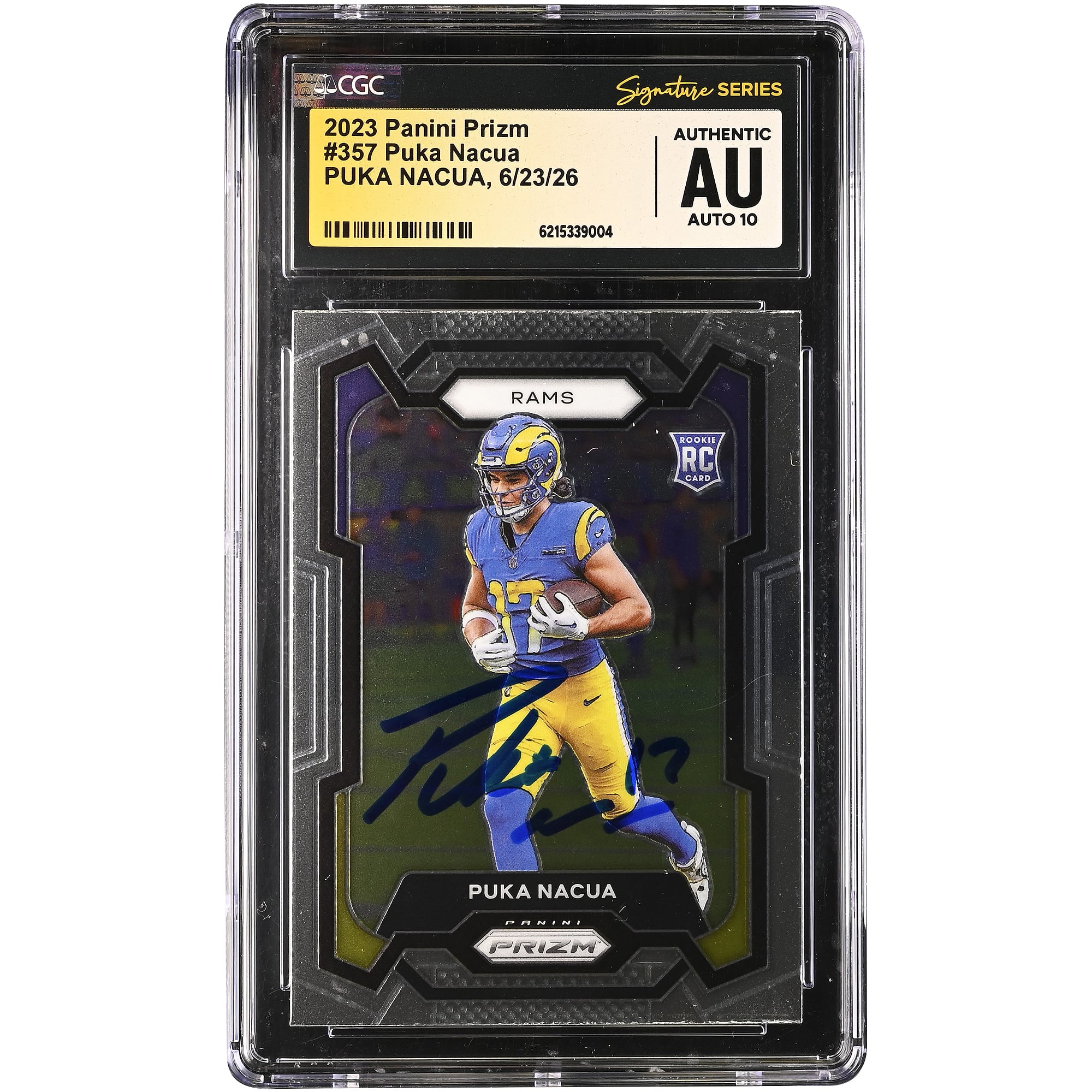 Carte de recrue autographiée Puka Nacua des Rams de Los Angeles, Panini Prizm 2023 n° 357, authentifiée par Fanatics Witnessed (CGC).
