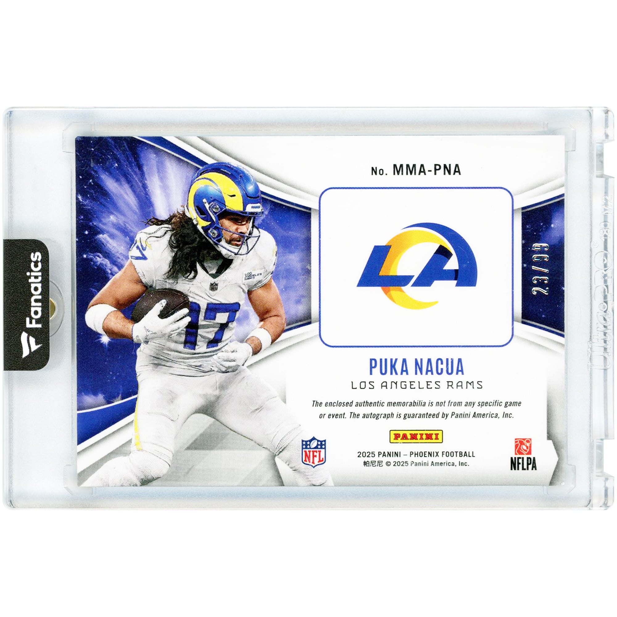 Puka Nacua Los Angeles Rams Dédicacé 2025 Panini Phoenix Jumbo Relic Noir Pandora Prizm #MMA-PNA #23/99 Carte