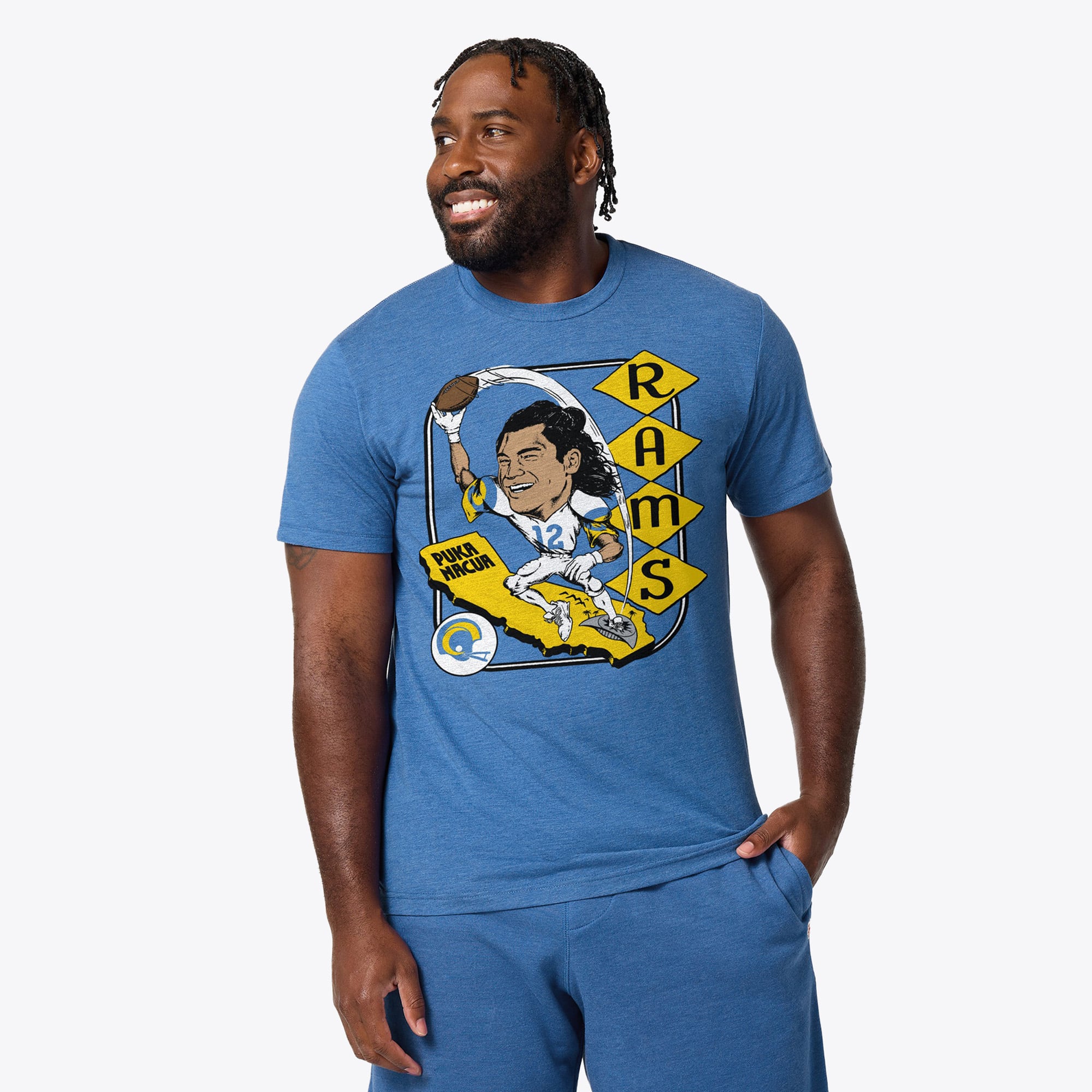 T-shirt unisexe en mélange de trois tissus, hommage à Puka Nacua Stone, joueur des Los Angeles Rams.