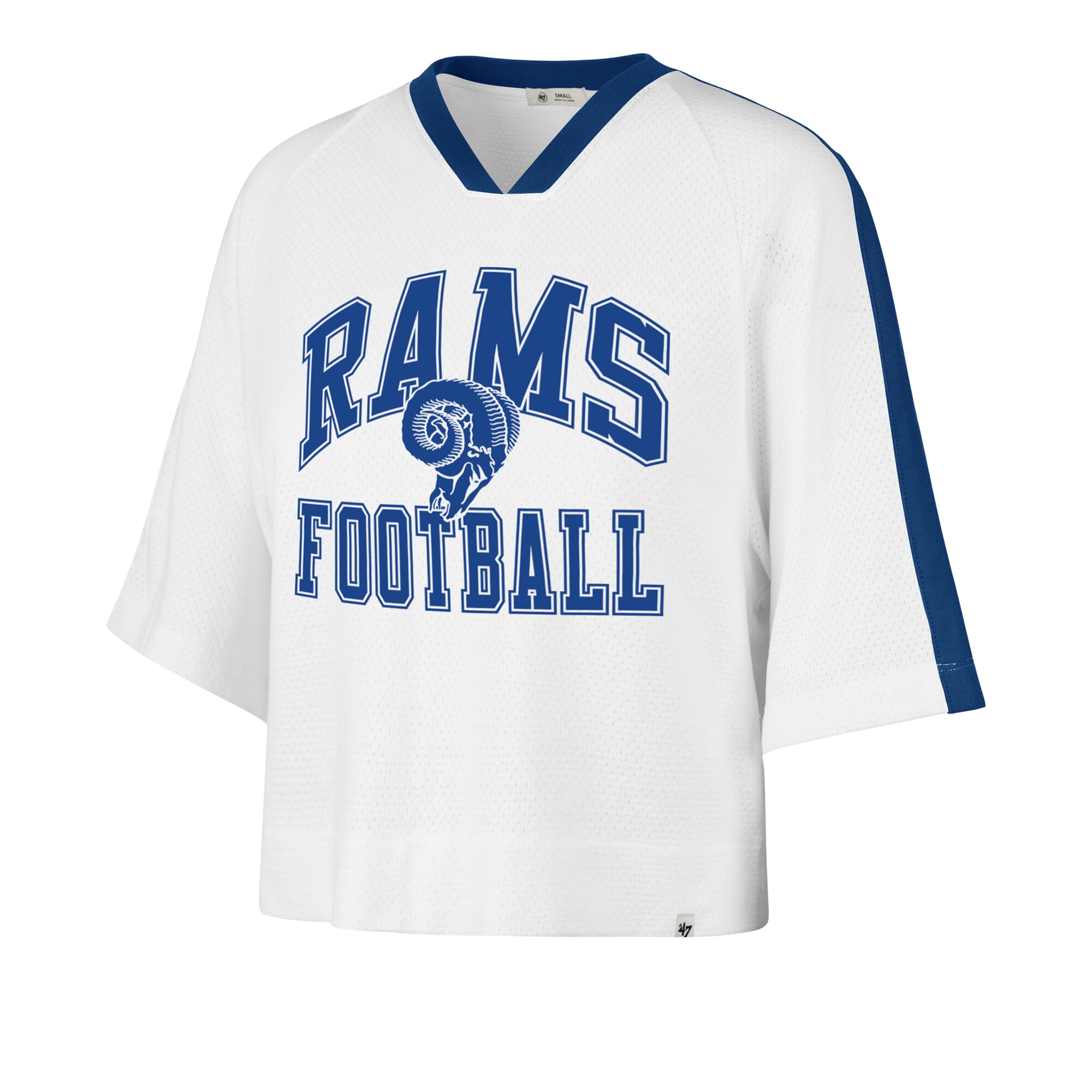 Women's '47 White Los Angeles Rams Big Overarch Drop Needle Raglan V-Neck T-Shirt
