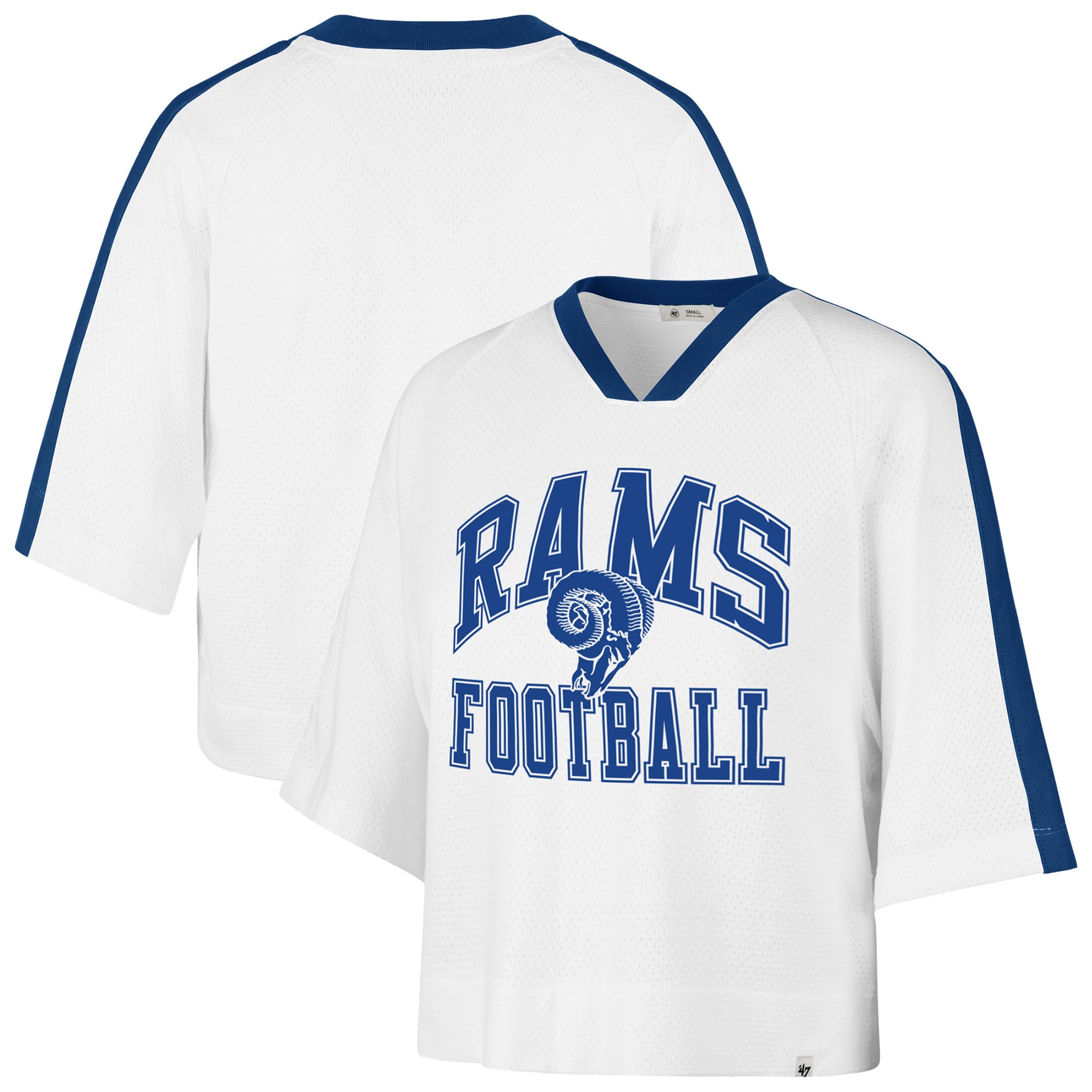 Women's '47 White Los Angeles Rams Big Overarch Drop Needle Raglan V-Neck T-Shirt