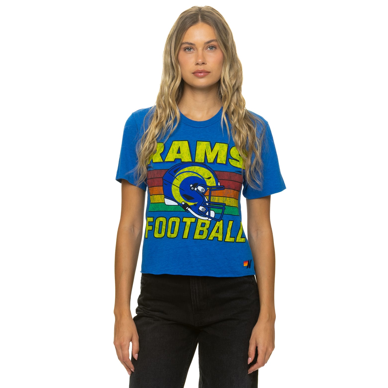 T-shirt Aviator Nation Royal Los Angeles Rams pour femme, coupe carrée, style boyfriend, en mélange de trois matières