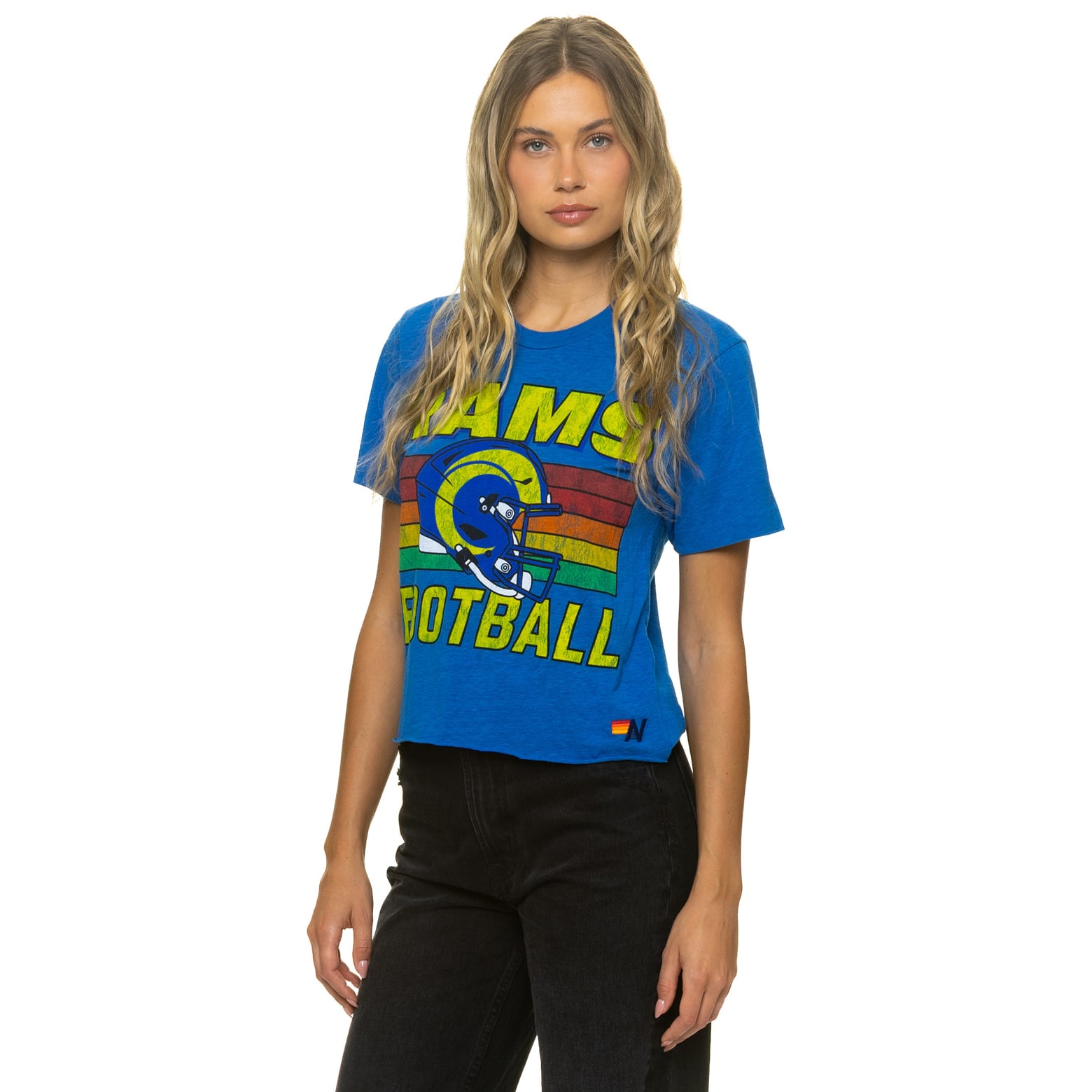 T-shirt Aviator Nation Royal Los Angeles Rams pour femme, coupe carrée, style boyfriend, en mélange de trois matières