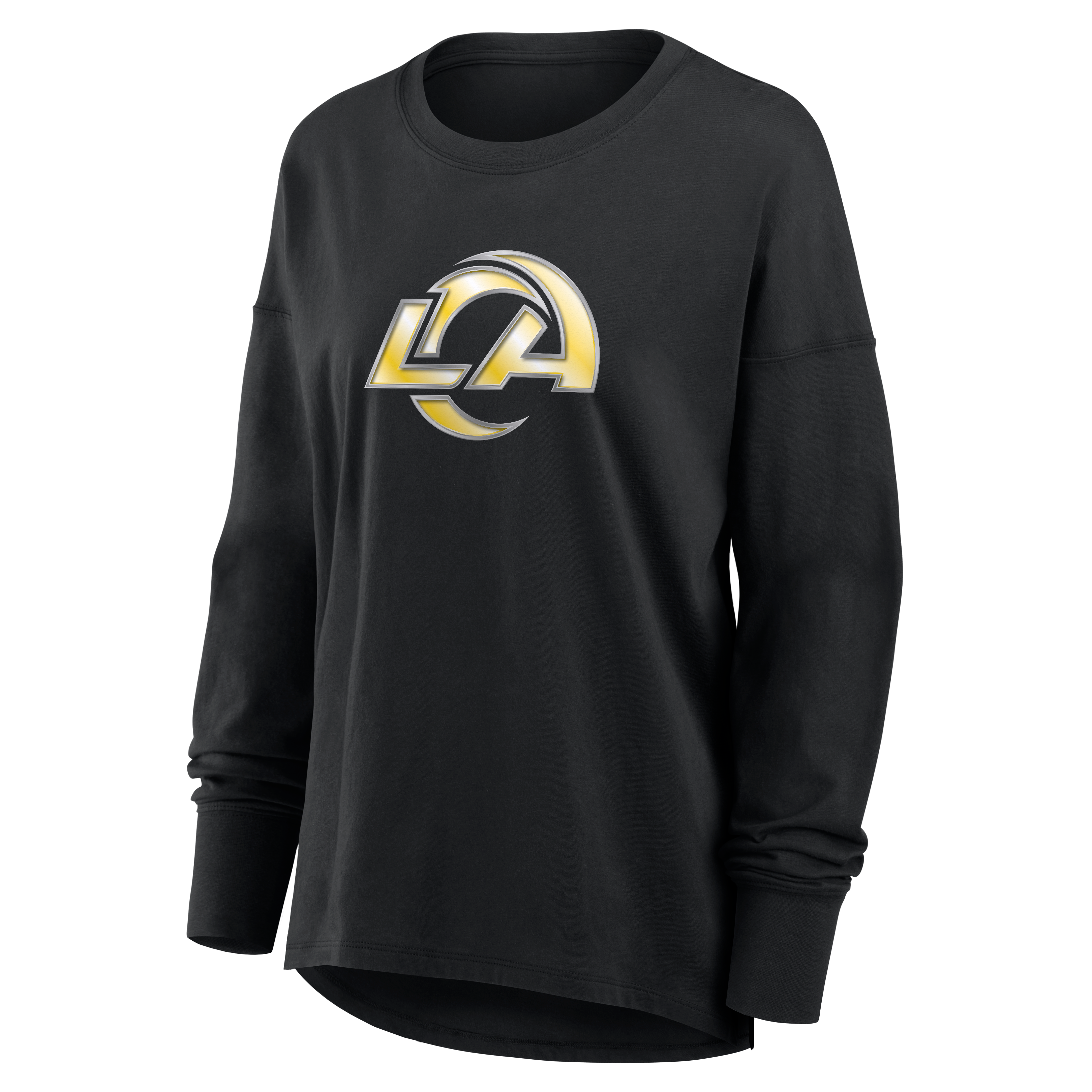 T-shirt à manches longues noir pour femme avec mascotte métallique des Rams de Los Angeles