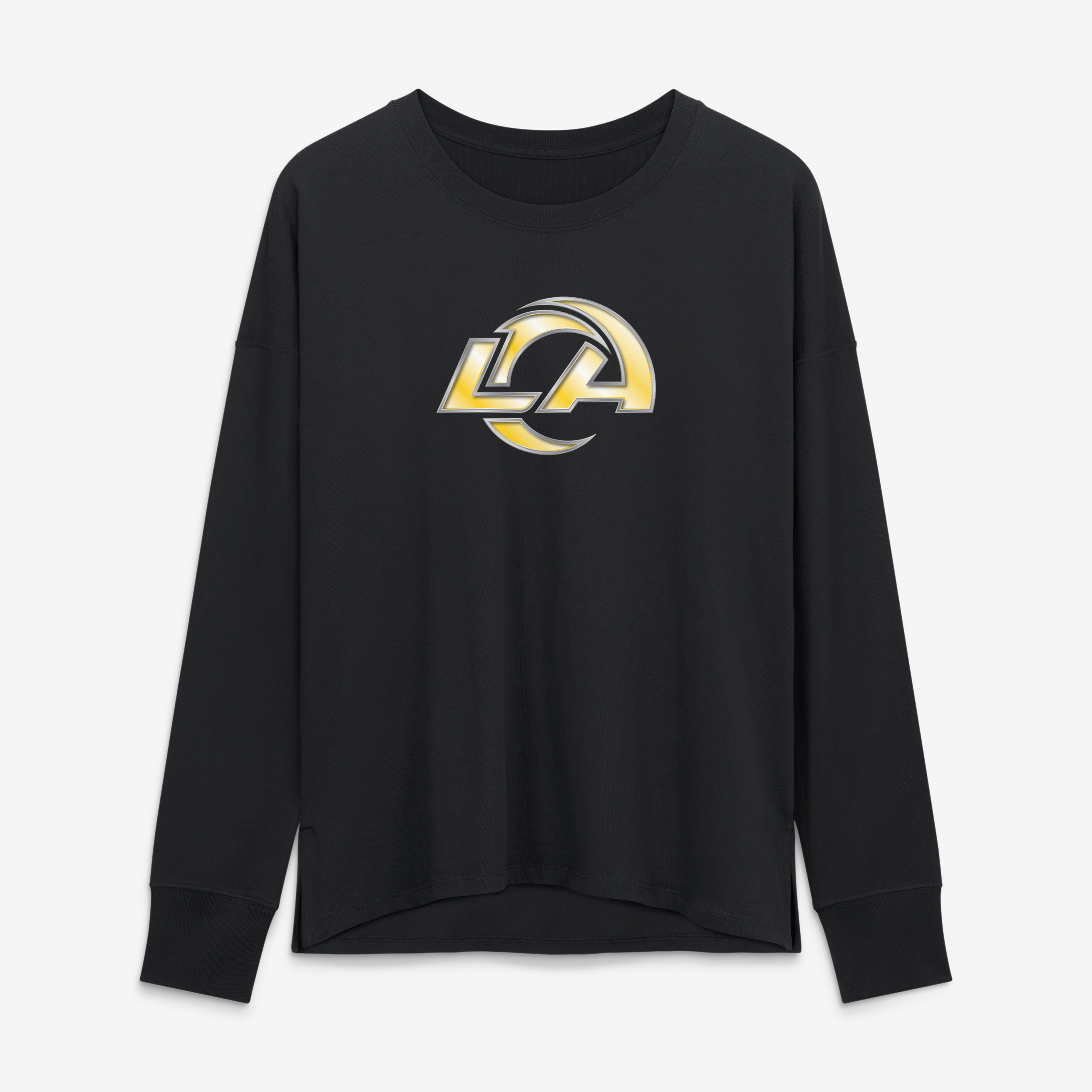 T-shirt à manches longues noir pour femme avec mascotte métallique des Rams de Los Angeles