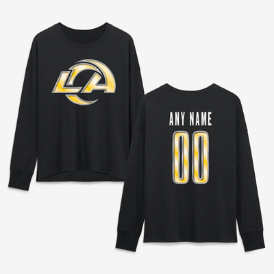 Los Angeles Rams Women's Metallic Mascot Personalized Name & Number Long Sleeve T-Shirt - Black