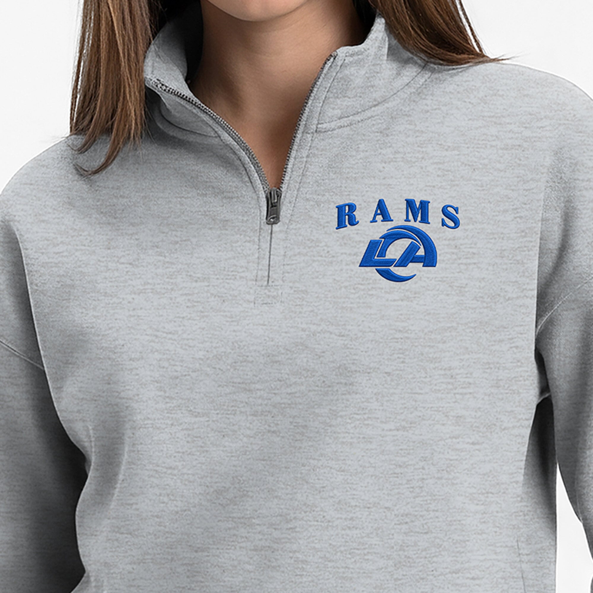 Sweat-shirt à col zippé Champion gris chiné pour femme, Los Angeles Rams, Powerblend