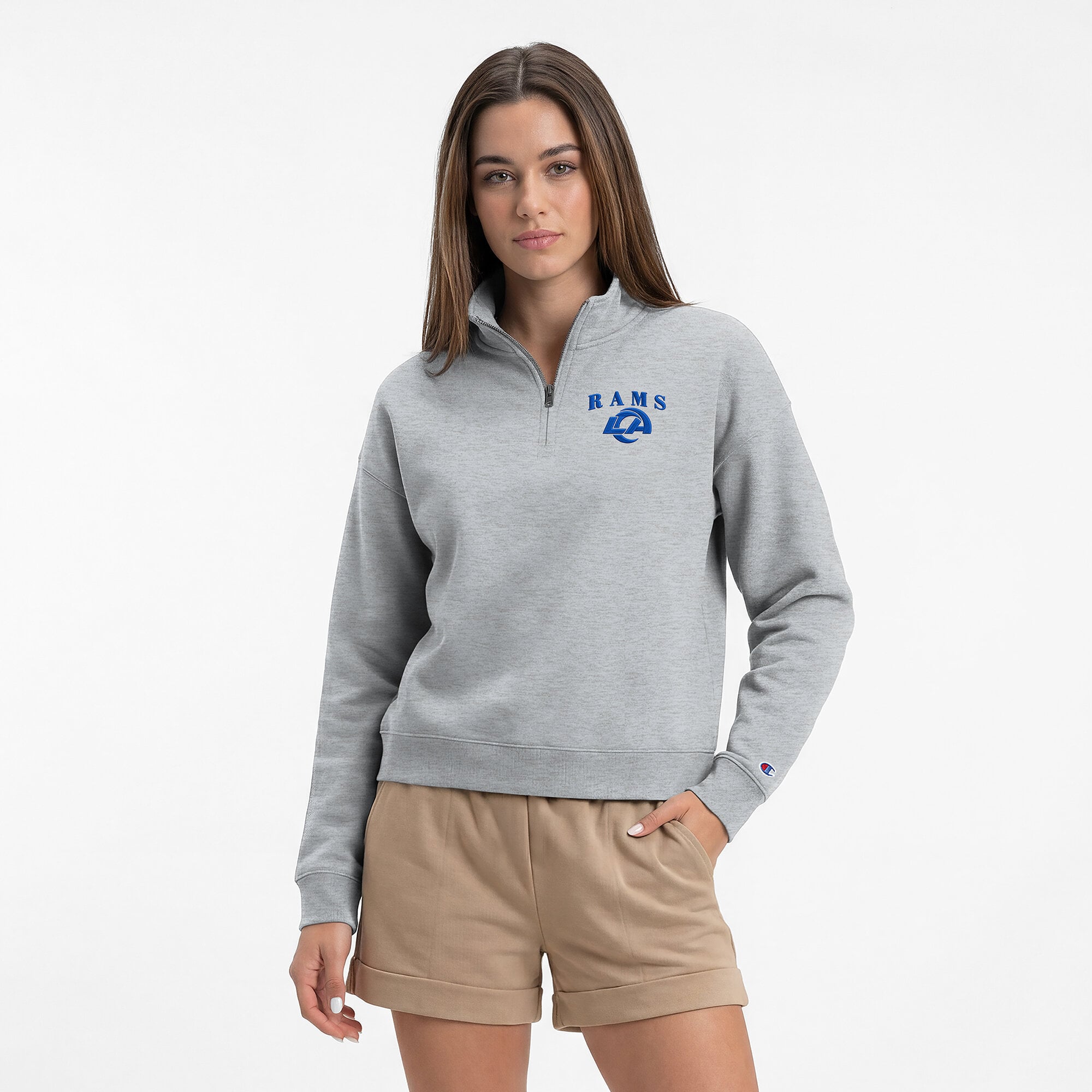 Sweat-shirt à col zippé Champion gris chiné pour femme, Los Angeles Rams, Powerblend