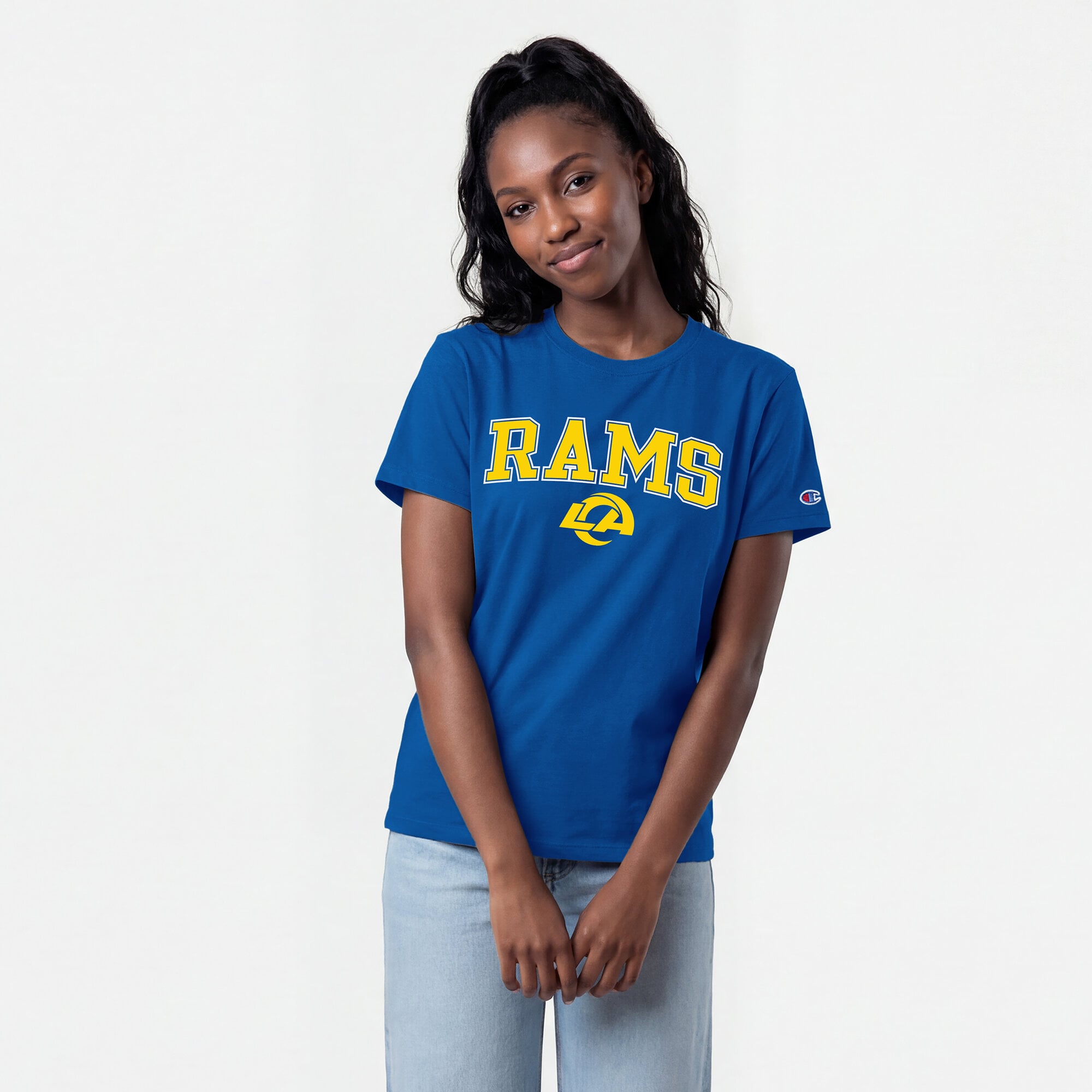 T-shirt Champion Royal Los Angeles Rams pour femmes avec logo arqué