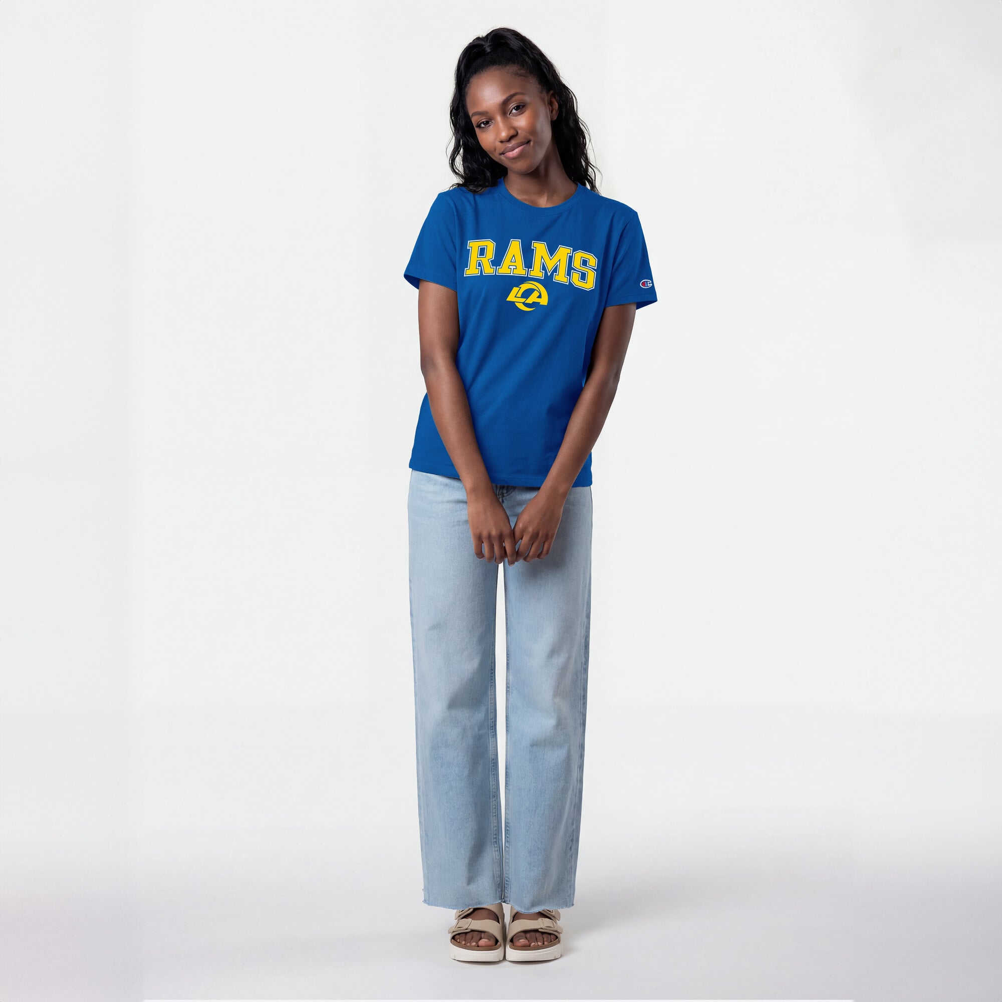 T-shirt Champion Royal Los Angeles Rams pour femmes avec logo arqué