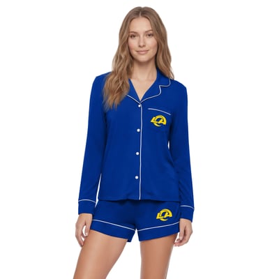  Los Angeles Rams Concepts Sport Women's Medley Long Sleeve Button-Up and Shorts Sleep Set - Royal