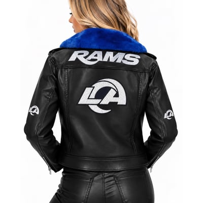 Los Angeles Rams FABGATING by Cuce Women's Vegan Leather Faux Fur Moto Full-Snap Jacket - Black/Royal