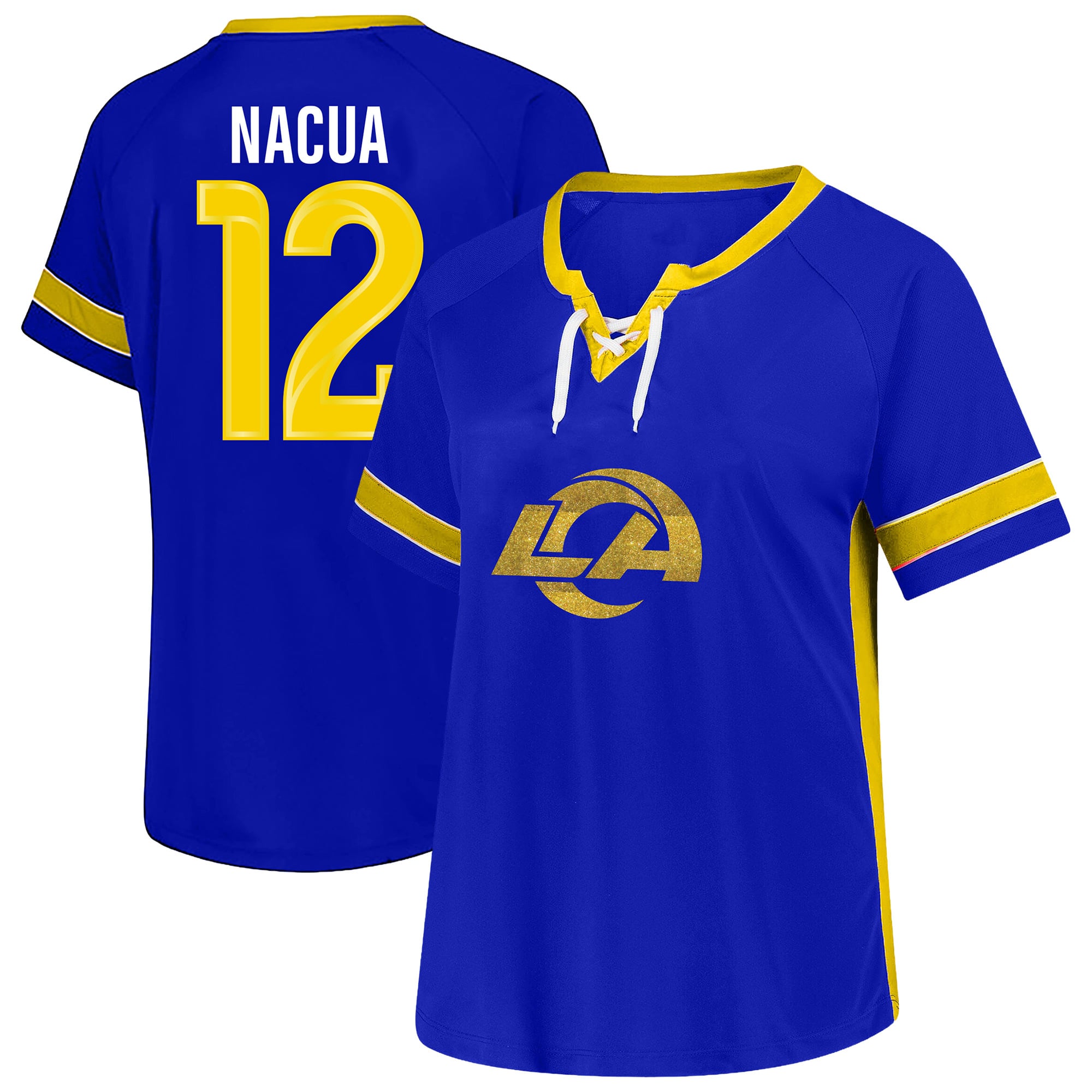 T-shirt Fanatics Puka Nacua Royal Los Angeles Rams pour femmes, grande taille, avec dentelle, nom et numéro.