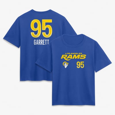 Myles Garrett Los Angeles Rams Women's Touchdown Wordmark Name & Number T-Shirt - Royal