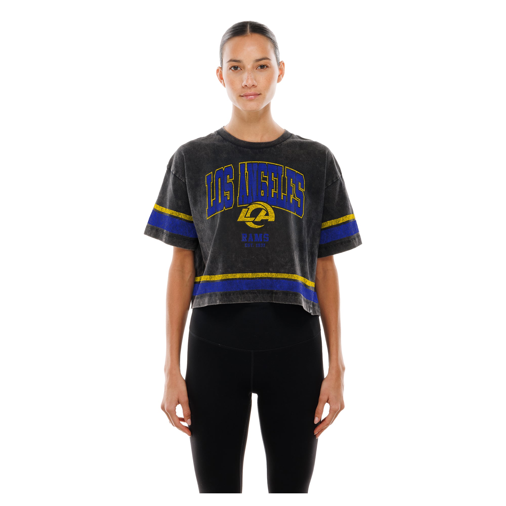 T-shirt court New Era noir Los Angeles Rams Lifestyle pour femme, délavé à l'huile minérale, coupe carrée.