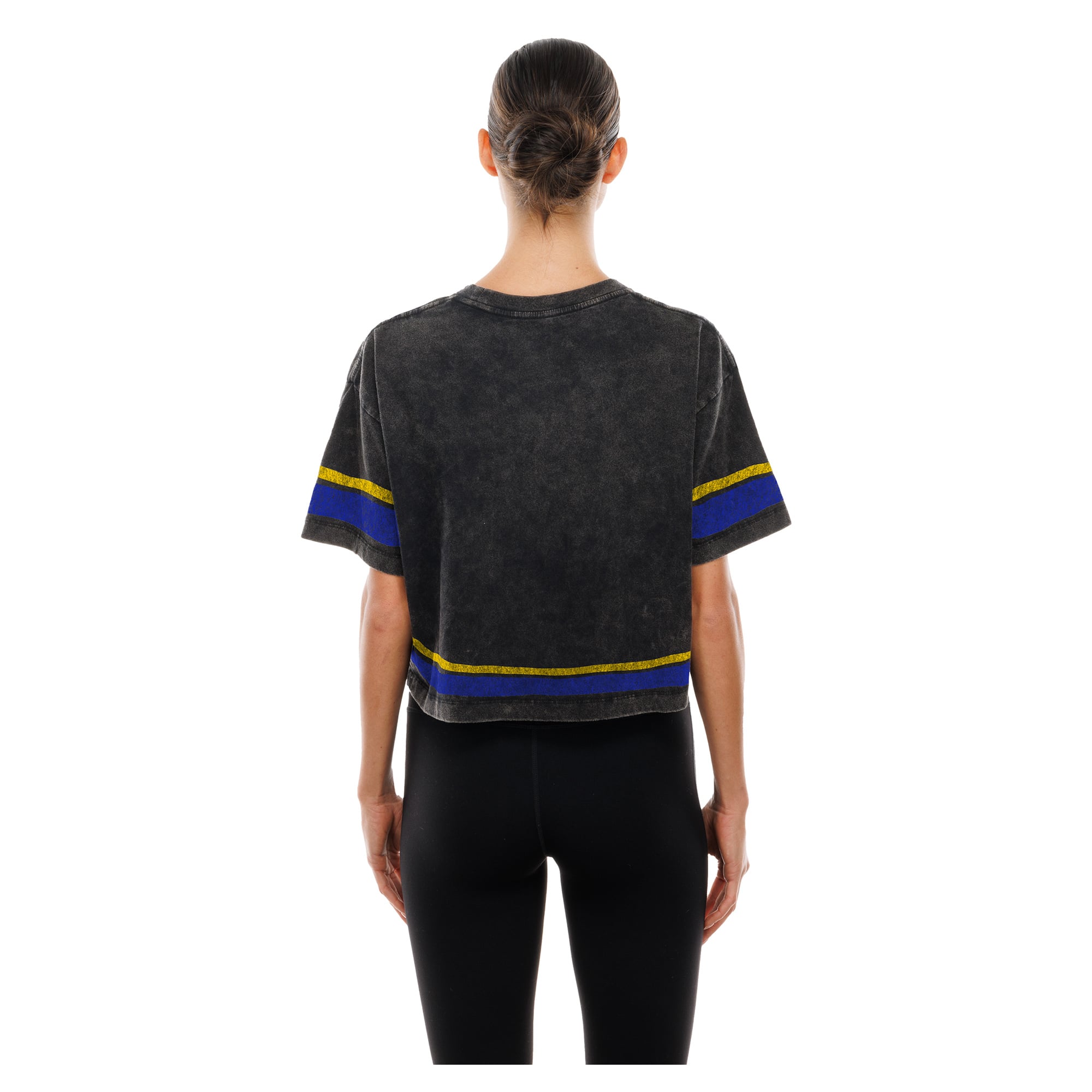 T-shirt court New Era noir Los Angeles Rams Lifestyle pour femme, délavé à l'huile minérale, coupe carrée.