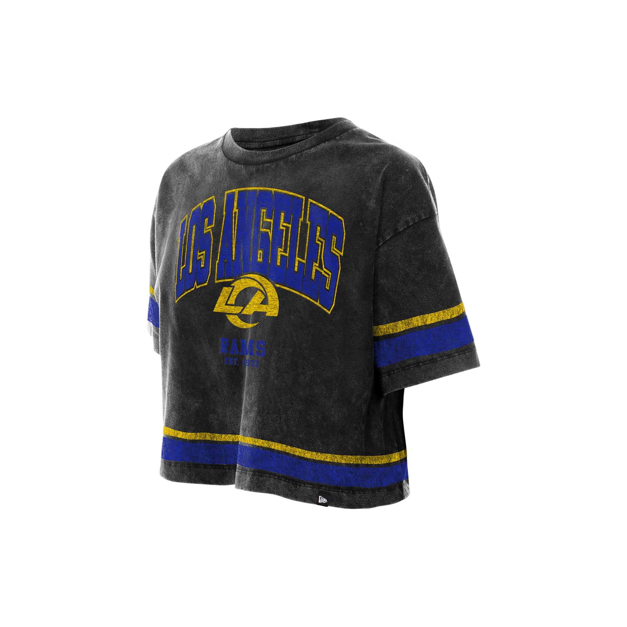 T-shirt court New Era noir Los Angeles Rams Lifestyle pour femme, délavé à l'huile minérale, coupe carrée.