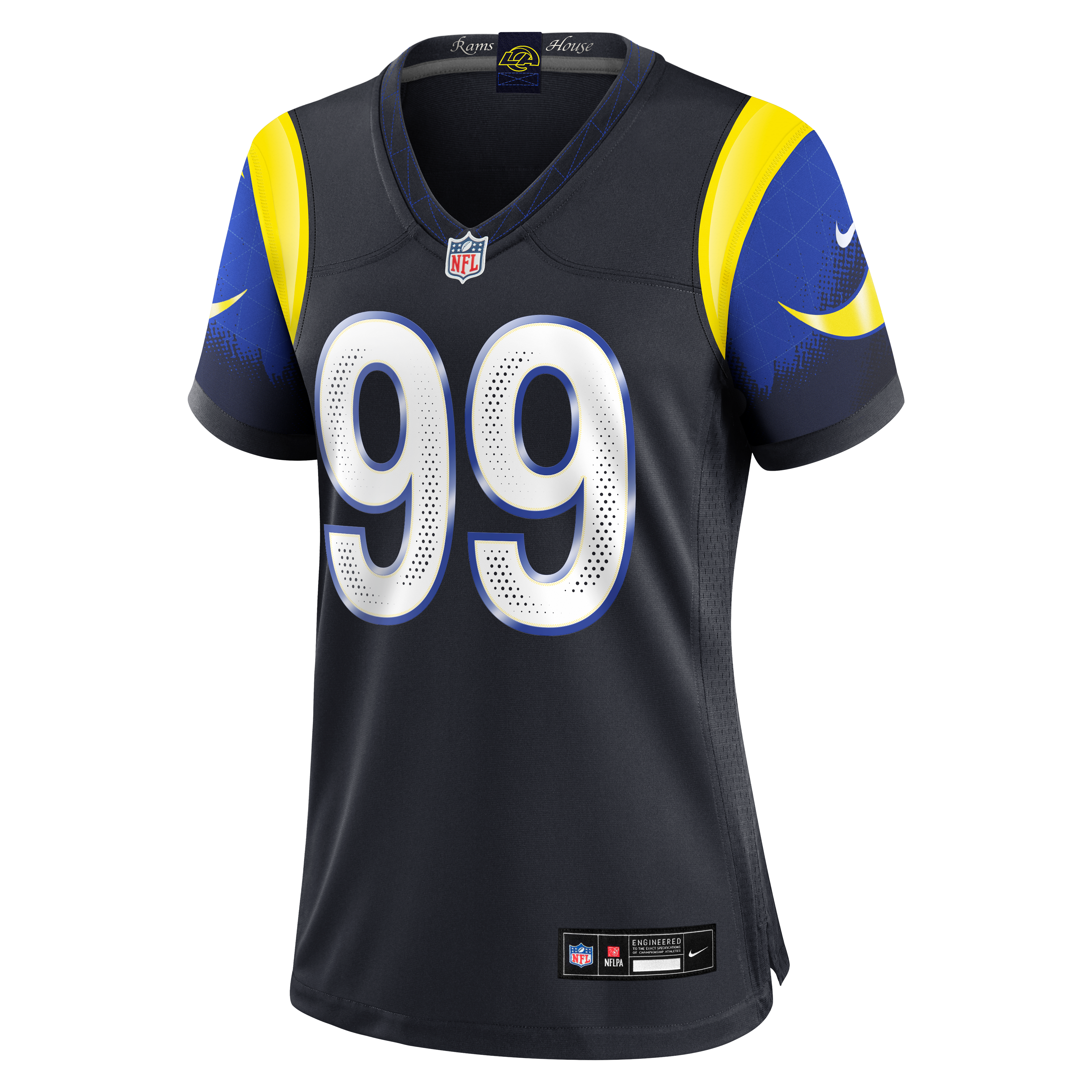 Maillot de match Nike Aaron Donald bleu foncé la collection Rivalries des Los Angeles Rams pour femmes