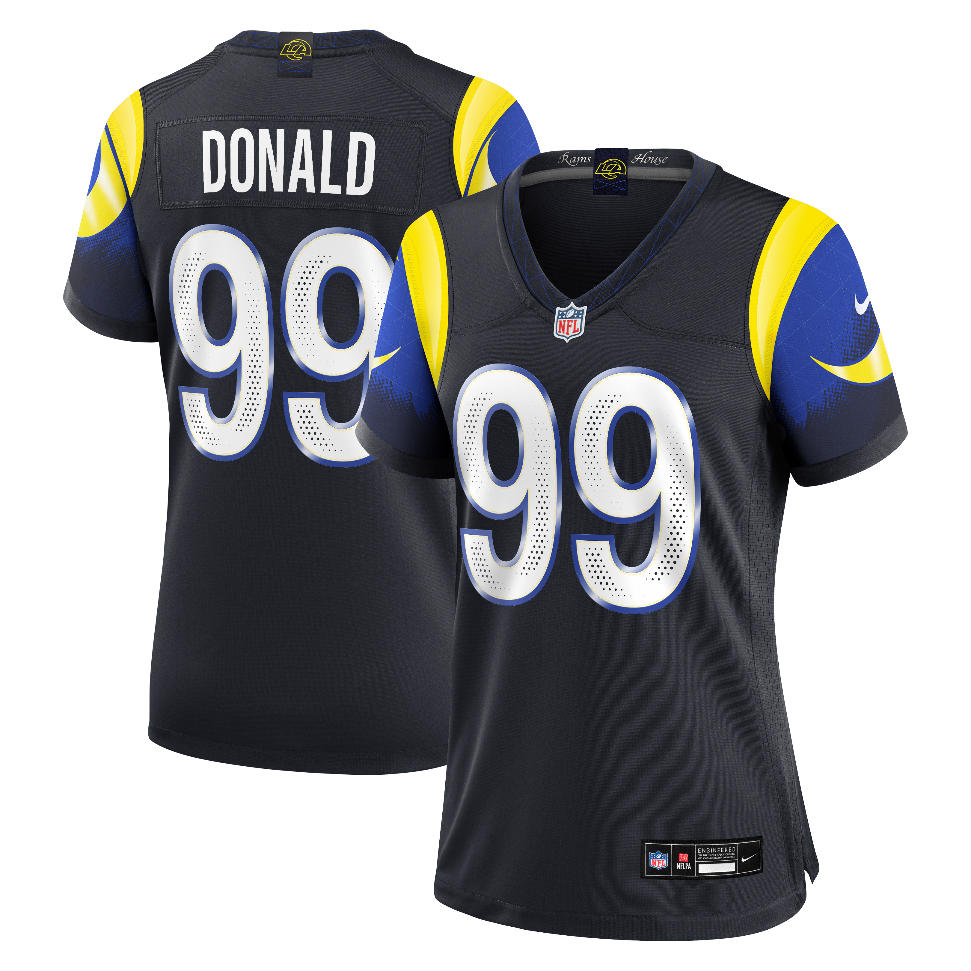 Maillot de match Nike Aaron Donald bleu foncé la collection Rivalries des Los Angeles Rams pour femmes