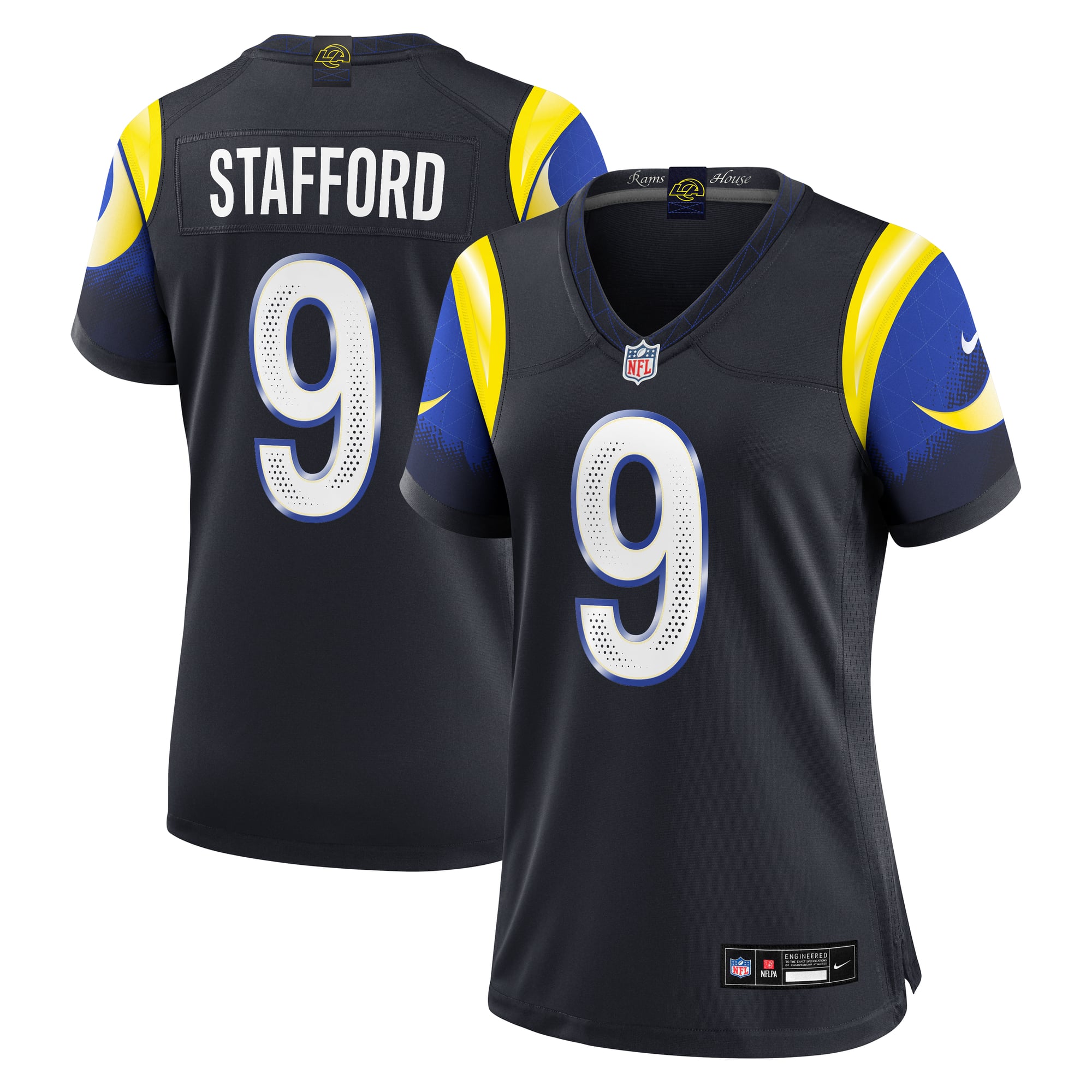 Maillot de match Nike Matthew Stafford bleu foncé la collection Rivalries des Los Angeles Rams pour femmes