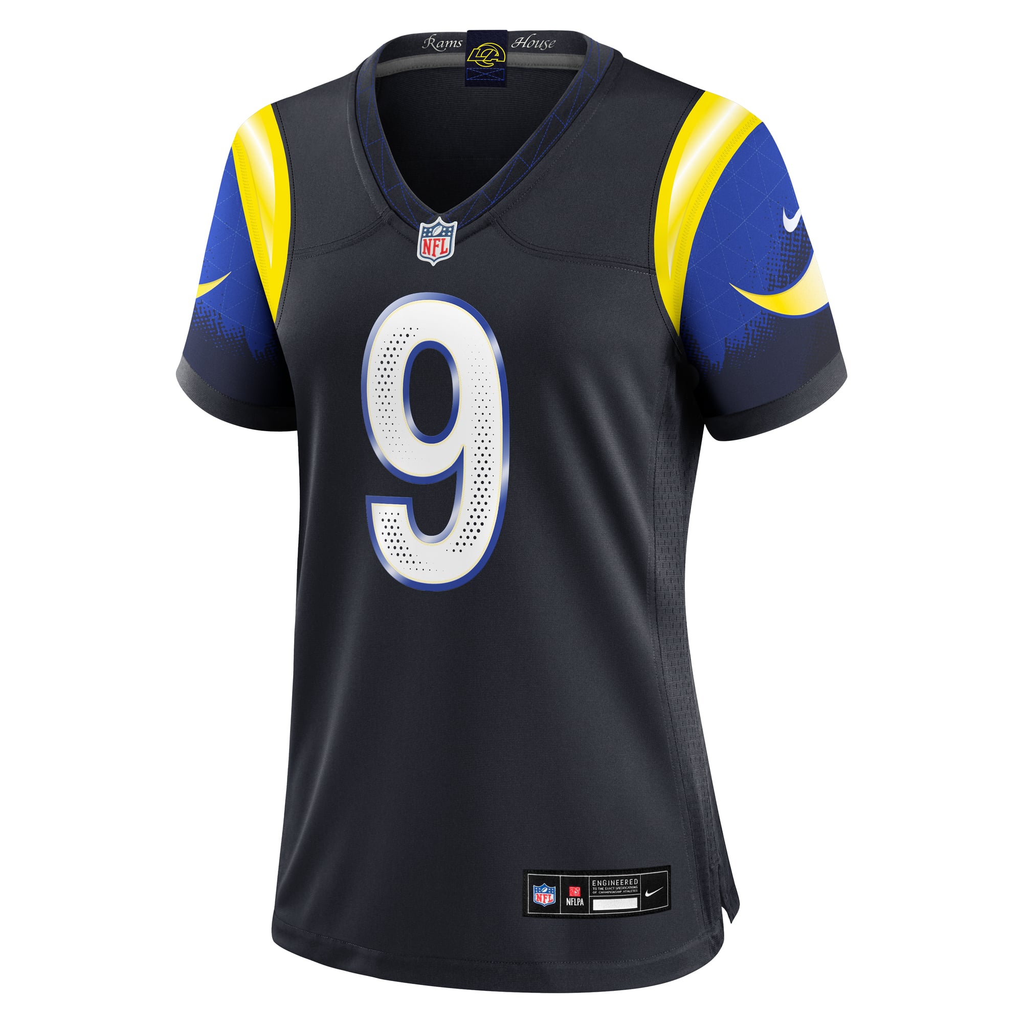 Maillot de match Nike Matthew Stafford bleu foncé la collection Rivalries des Los Angeles Rams pour femmes
