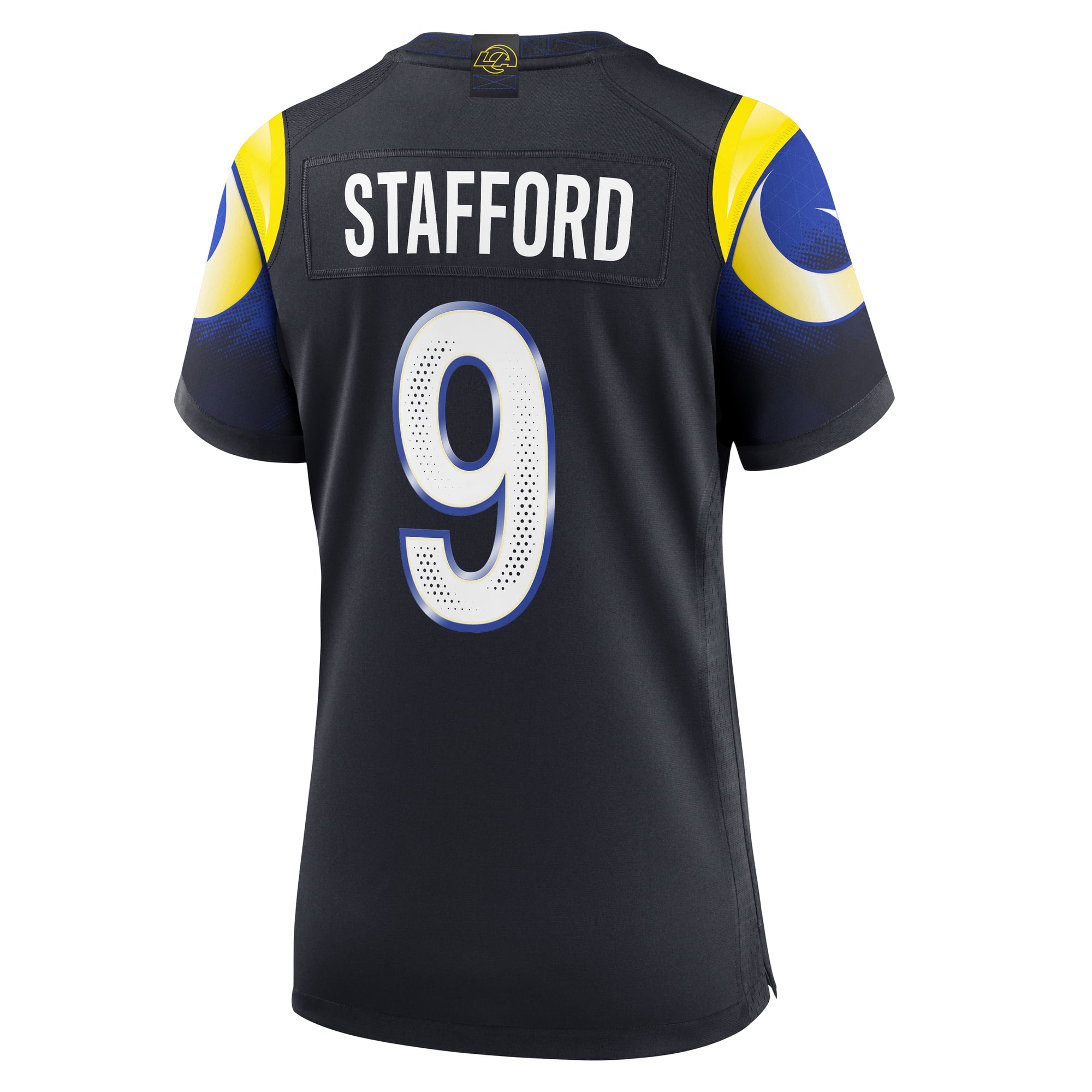 Maillot de match Nike Matthew Stafford bleu foncé la collection Rivalries des Los Angeles Rams pour femmes