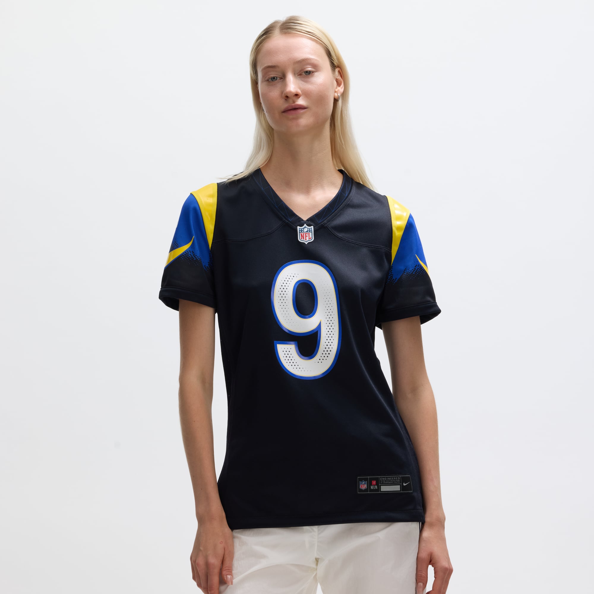 Maillot de match Nike Matthew Stafford bleu foncé la collection Rivalries des Los Angeles Rams pour femmes