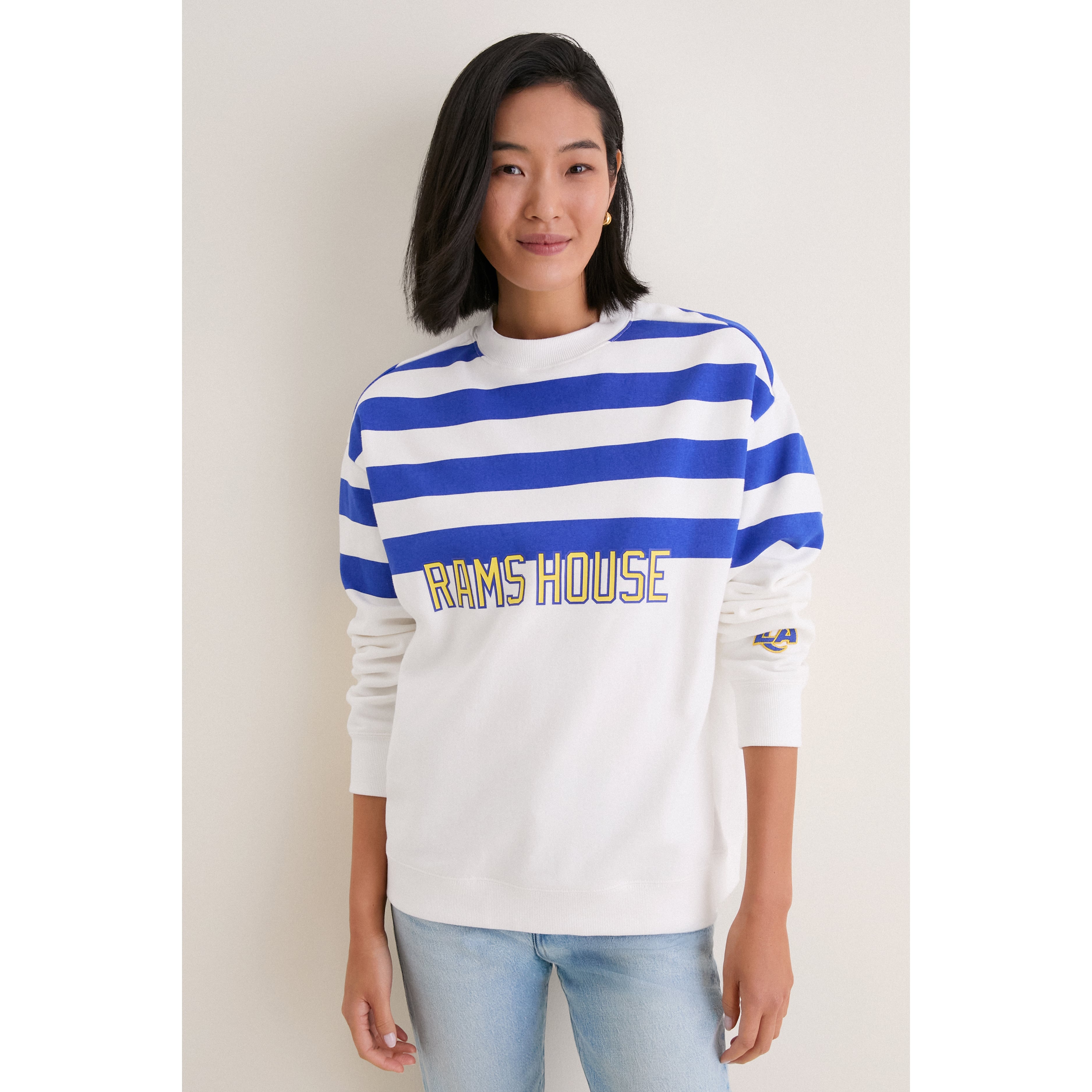 Sweat-shirt rayé blanc/bleu roi Tuckernuck pour femme, motif Rams de Los Angeles