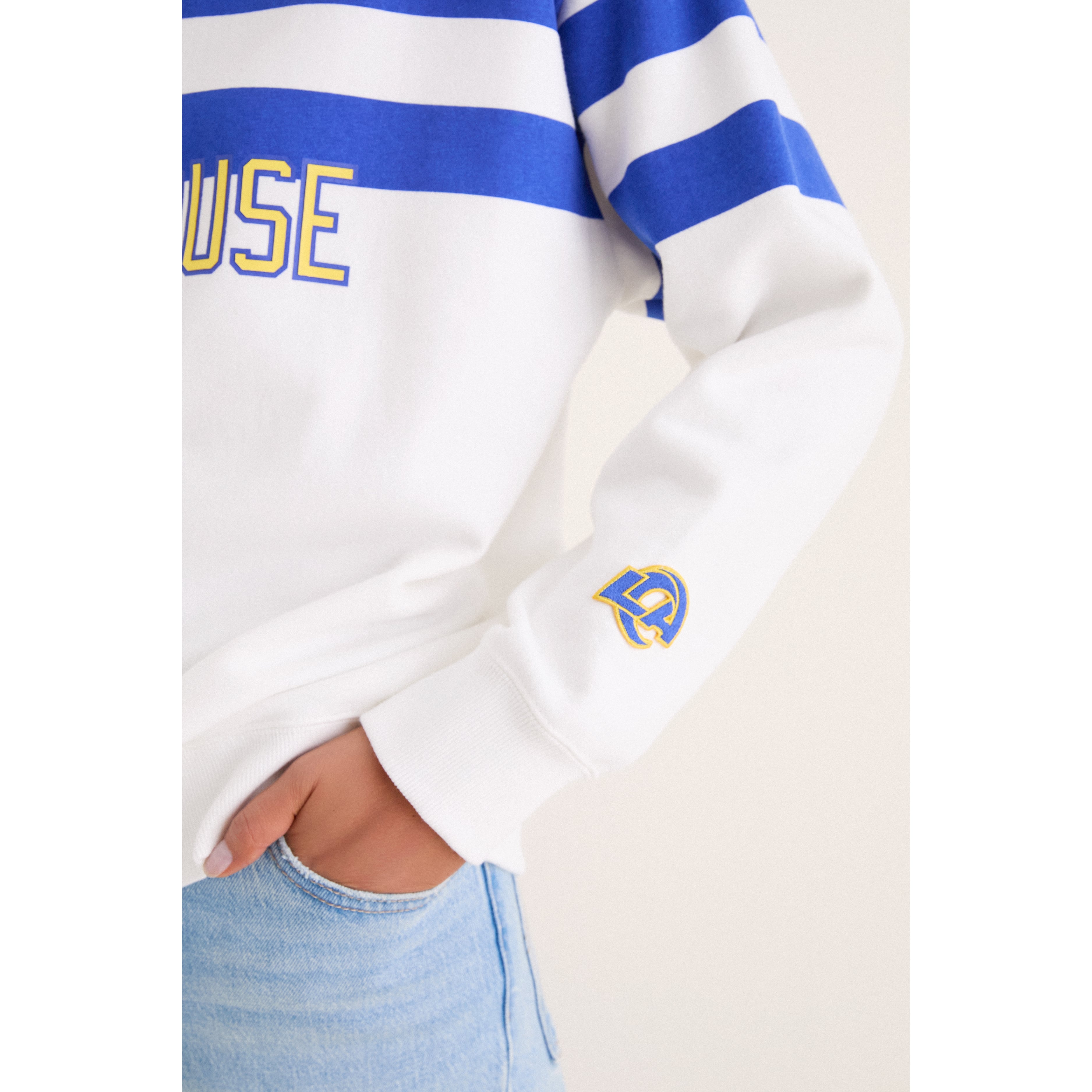 Sweat-shirt rayé blanc/bleu roi Tuckernuck pour femme, motif Rams de Los Angeles