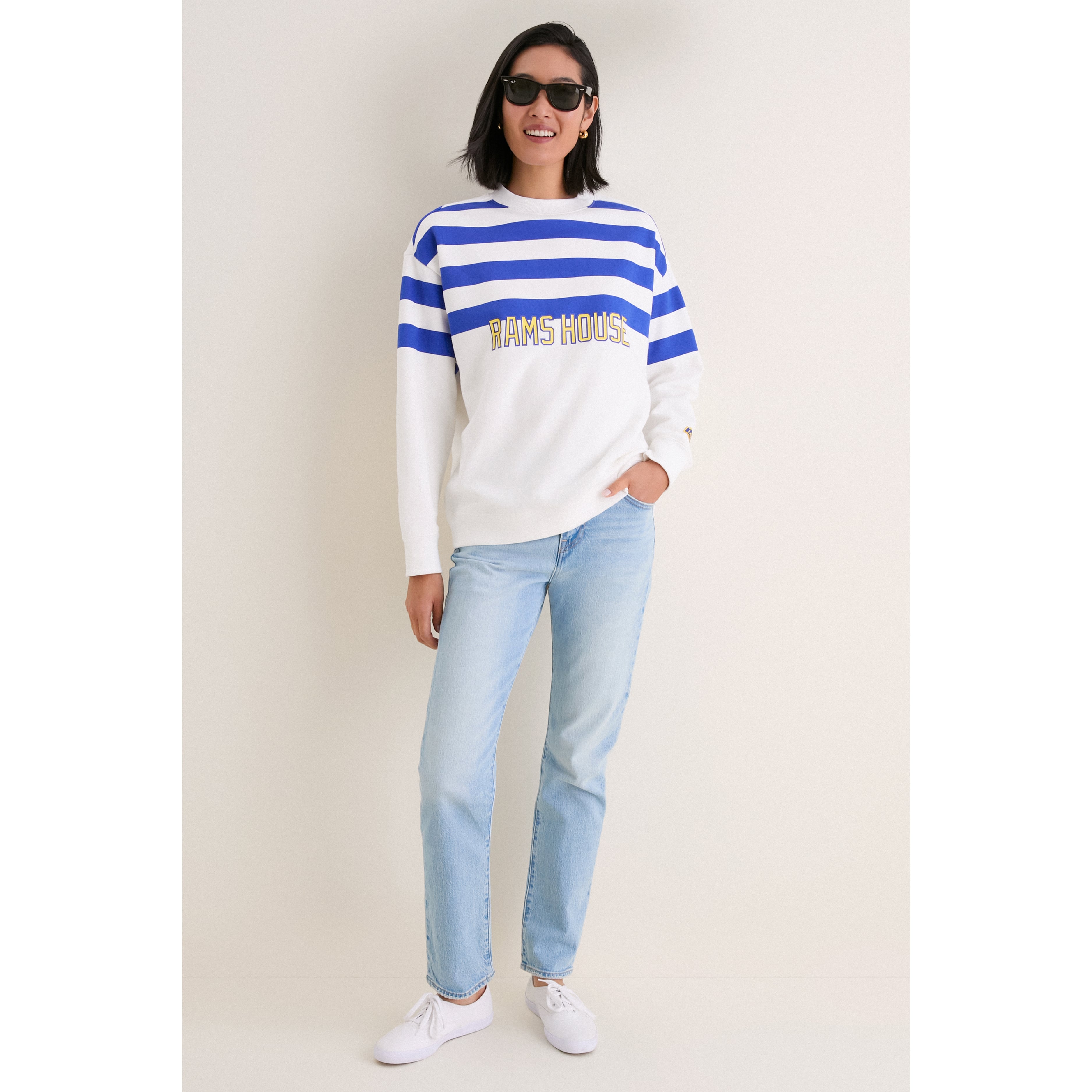 Sweat-shirt rayé blanc/bleu roi Tuckernuck pour femme, motif Rams de Los Angeles