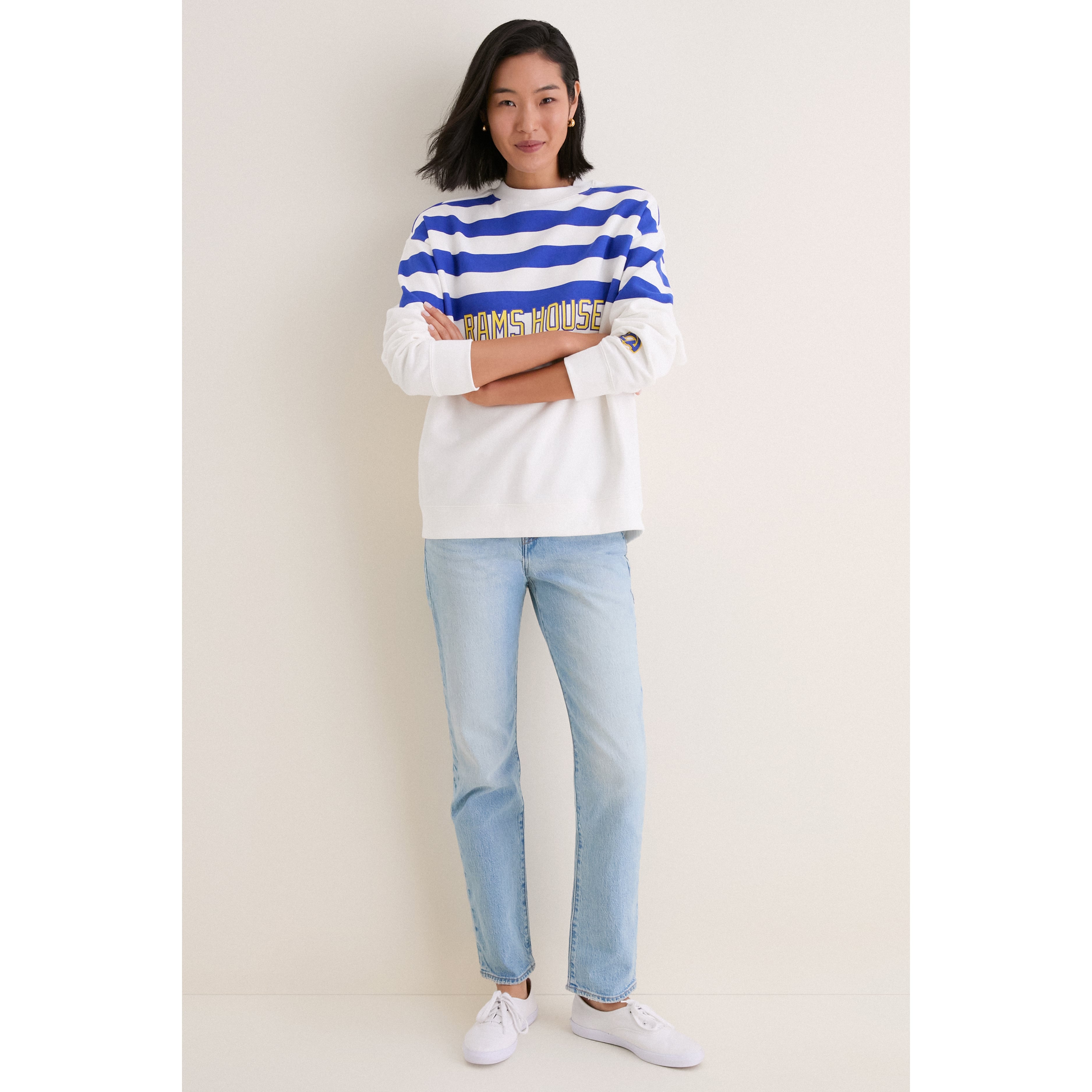 Sweat-shirt rayé blanc/bleu roi Tuckernuck pour femme, motif Rams de Los Angeles
